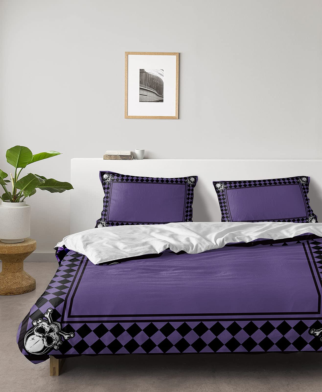**Scary Halloween Twin Duvet Cover Set - 4 Piece Black Diamond Plaid Skull Design, Lightweight Microfiber Bedding with Pillowcases (Purple) - Perfect for Spooky Bedroom Decor & Themed Parties**