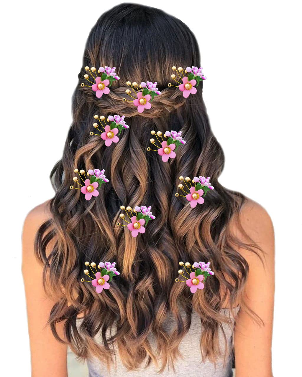 Golden Pearl Floral Hair Pins for Women - Round Flower Hair Clips with Pearls, Wedding Bridal Hair Accessories, Baby Pink Pack of 10 - Perfect for Weddings, Proms, Parties and Special Occasions