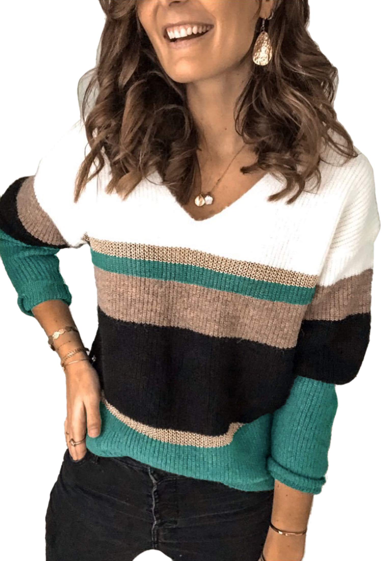 Angashion Women's Casual Long Sleeve Crewneck Color Block Patchwork Pullover Knit Sweater - Soft Warm Winter Tops for Office, Dating & Daily Wear