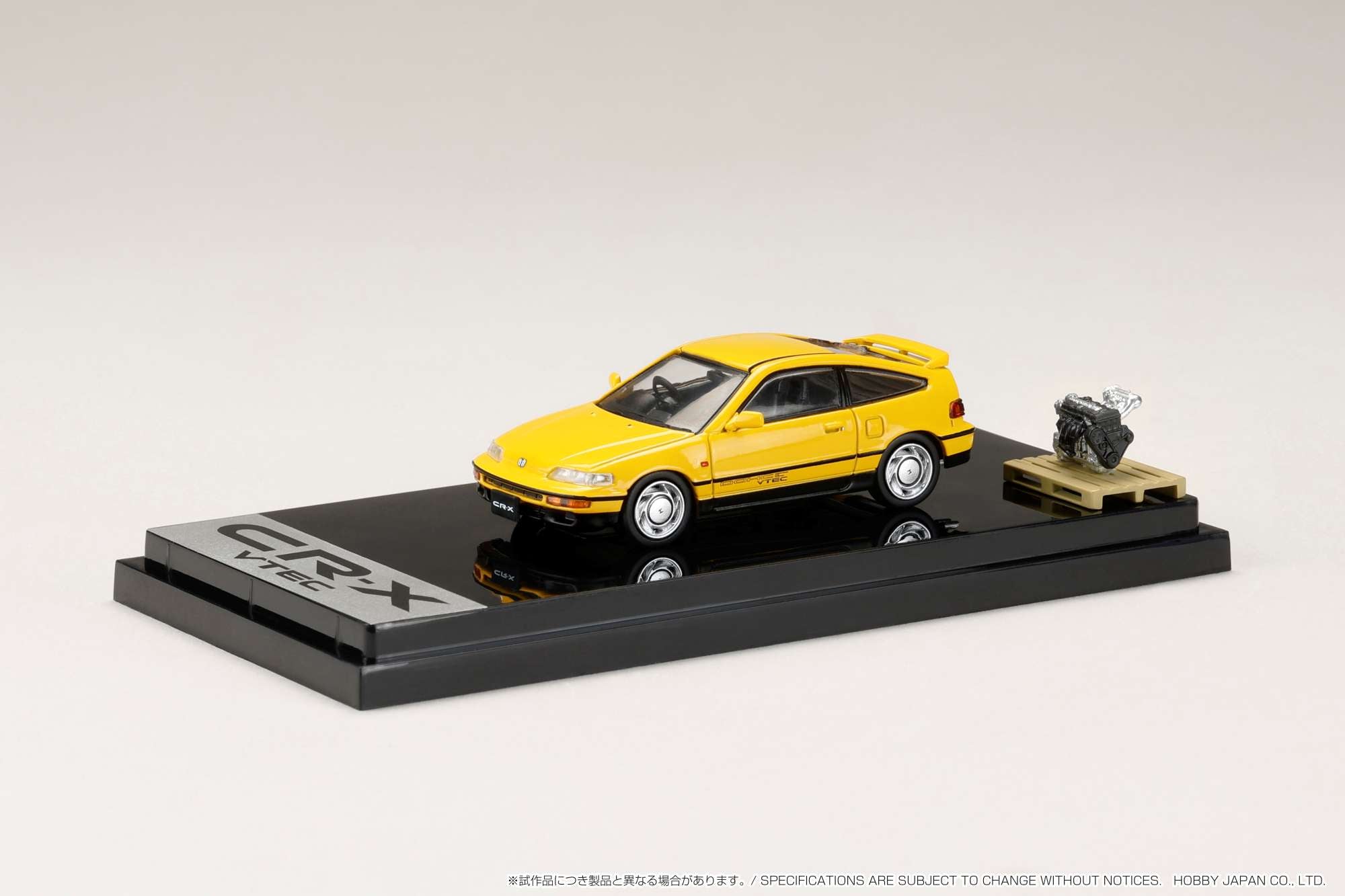 1:64 Scale Honda CR-X SiR (EF8) 1989 Yellow Diecast Model Car with Engine Display - Collectible Japanese Hobby Car for Enthusiasts & Display Case Showcase