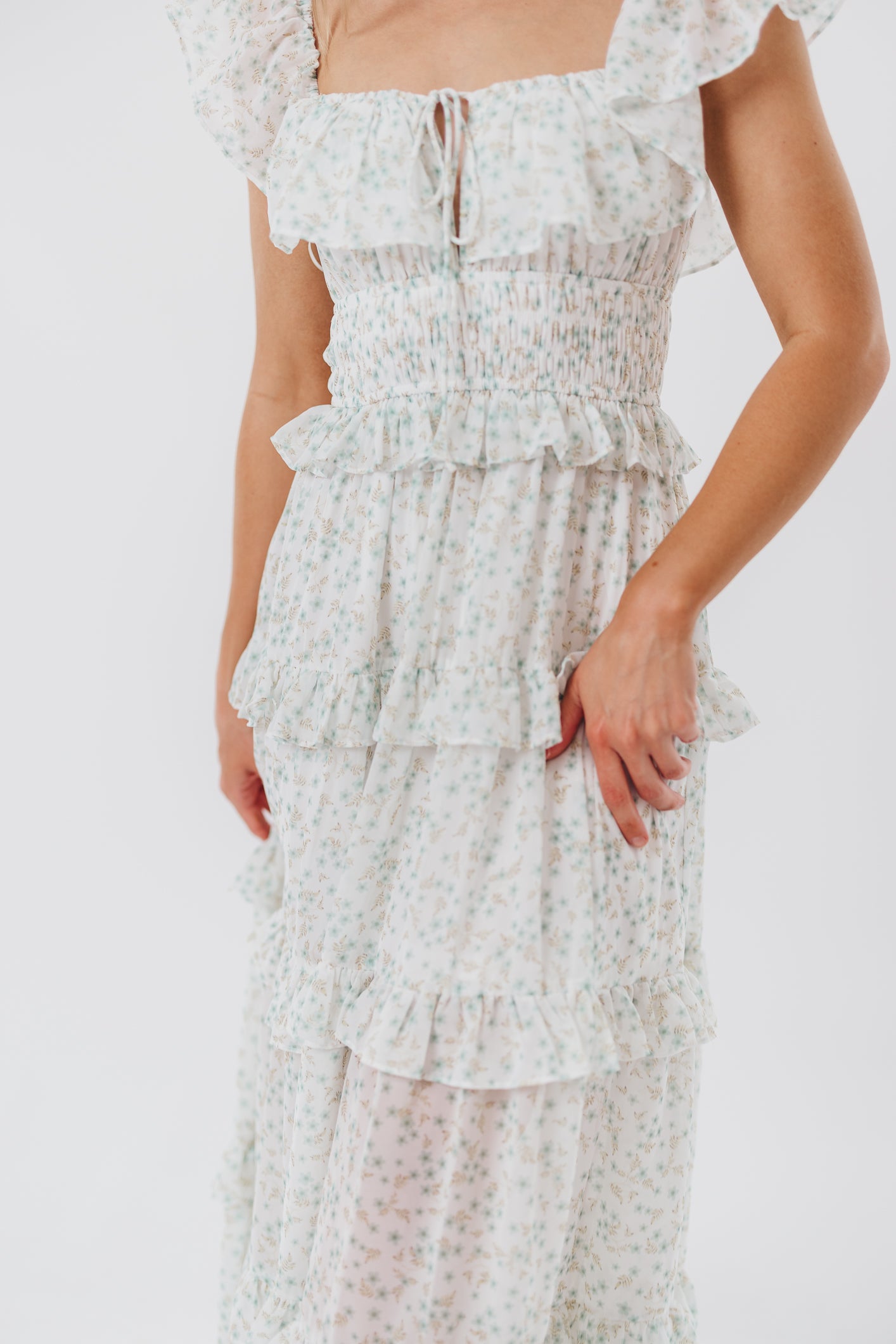 Astrid Ruffle Detail Maxi Dress in Sage Floral - Bump Friendly Maternity Dress for Pregnancy, Nursing & Special Occasions | Flowy Summer Dress for Beach, Wedding & Vacation