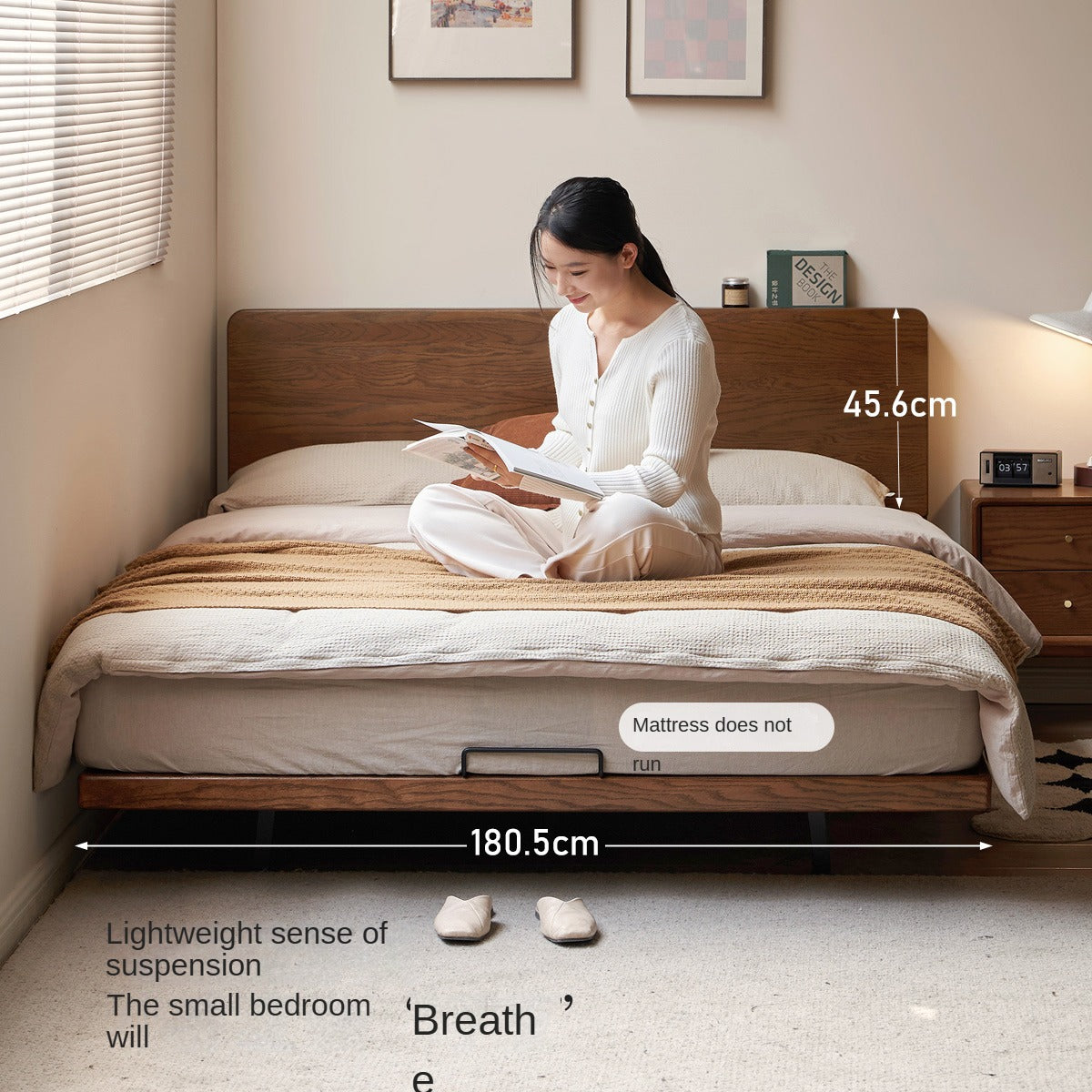 Solid Oak Wood Floating Bed Frame - Modern Platform Bed with Suspended Design for Bedroom, Guest Room & Loft