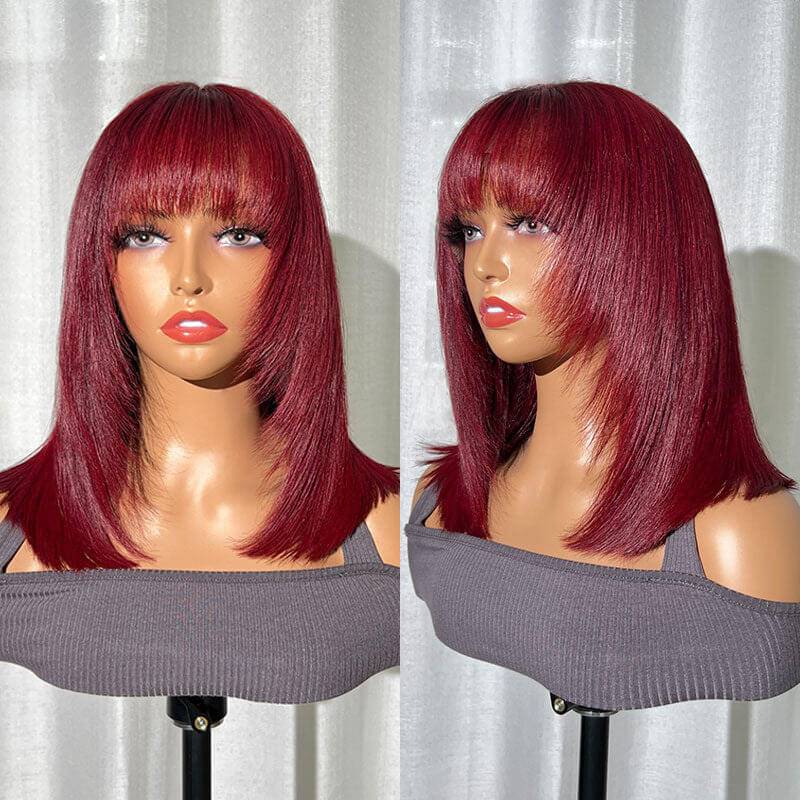 Eullair Short Bob Wig with Layered Cut Bangs - Glueless Straight Human Hair Lace Closure Wig (4x4 & 5x5) - Perfect for Cosplay, Daily Wear & Fashion Styling