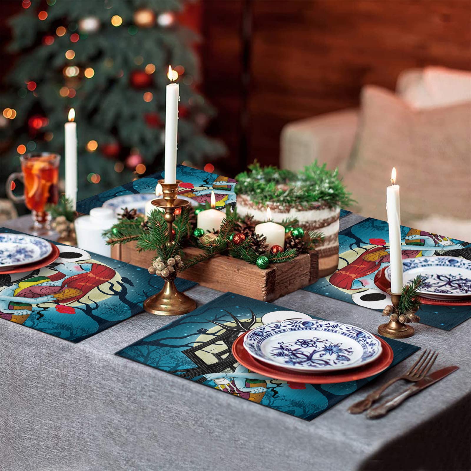 4Pcs Christmas Placemats Set - Skellington Jack and Sally Themed, Heat Resistant & Washable Table Mats for Kitchen Dining - Perfect for Holiday Decorations, Dinner Parties & Nightmare Before Christmas Fans