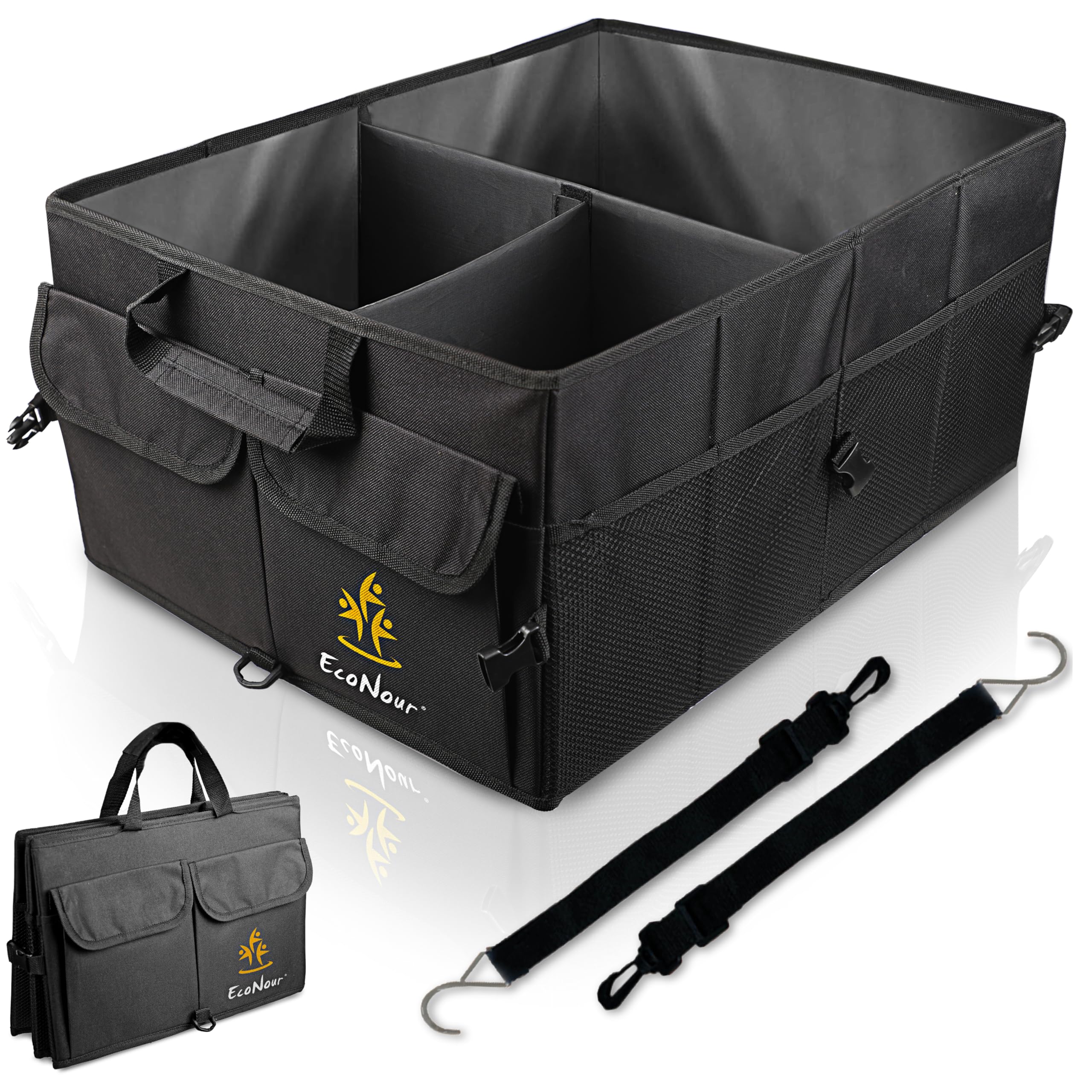 Econour Car Trunk Organizer - SUV Storage Organizer with Detachable Dividers | Collapsible Multi-Compartment Grocery Organizer with Adjustable Straps | Perfect for Road Trips, Grocery Shopping & Car Organization | Car & Truck Accessories