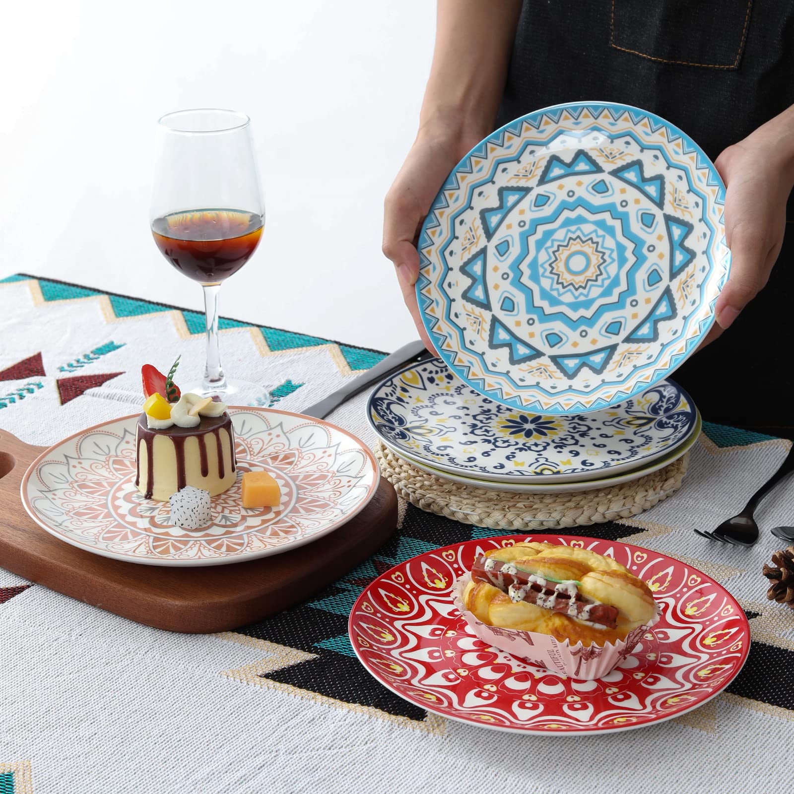 Happy Kit 8-inch Colorful Ceramic Plates - 6-Piece Set for Desserts, Salads & Entertaining, Microwave Safe
