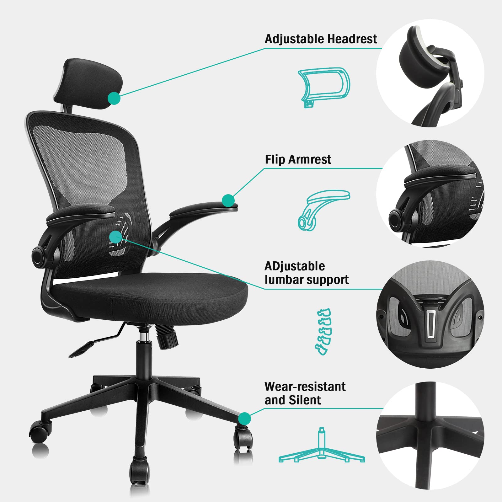 Ergonomic Office Chair with Adjustable Headrest & Lumbar Support - High Back Computer Desk Chair for Home Office - Comfortable Swivel Task Chair for Long Hours Work, Gaming & Study (Black)