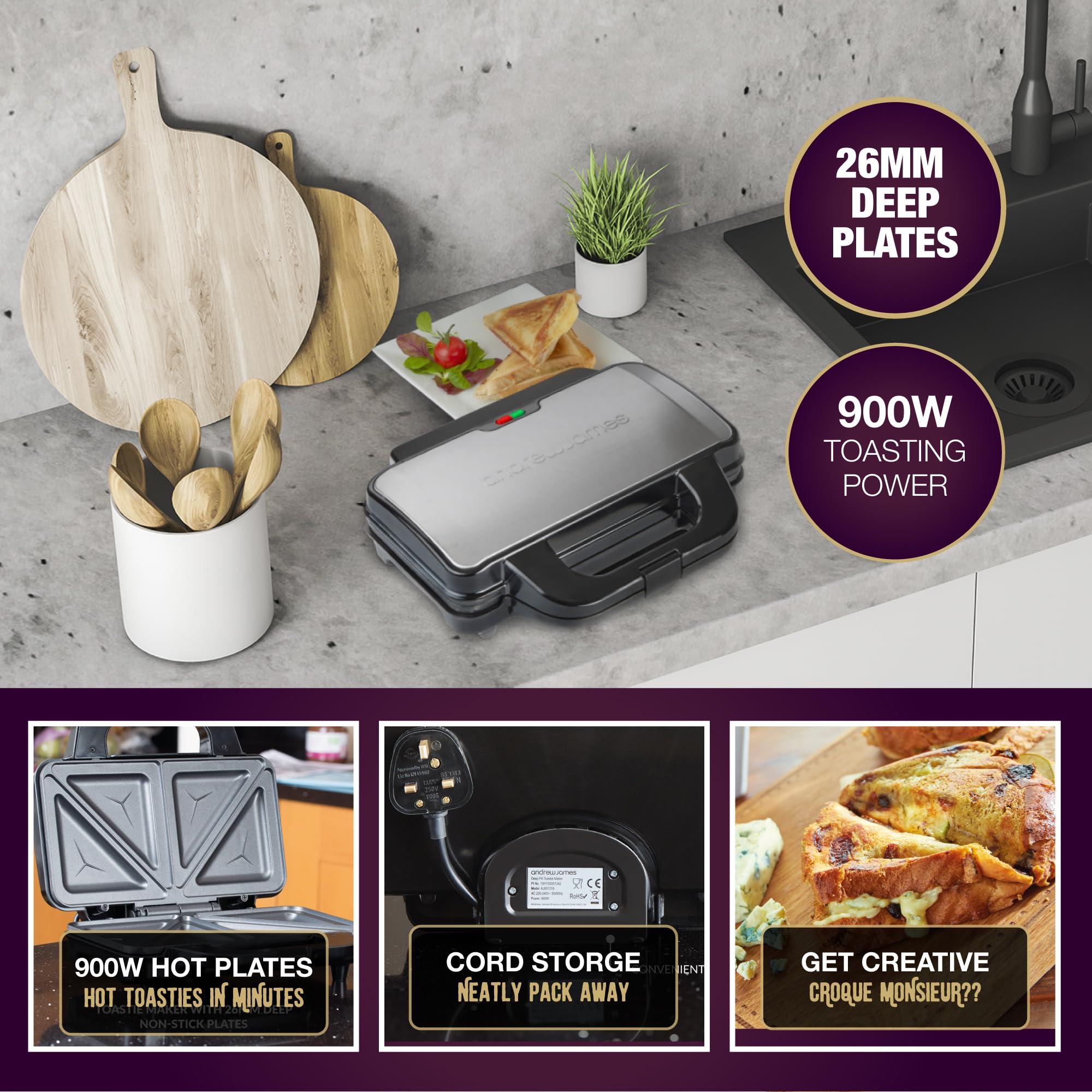 Andrew James 900W Electric Deep Fill Sandwich Maker - 4 Slice Triangle Grill Press with Non-Stick Plates & Cool Touch Handle - Perfect for Thick Cheese Toasties, Paninis & Large Deep Filled Sandwiches - Ideal for Breakfast, Lunch & Quick Snacks at Home or Office