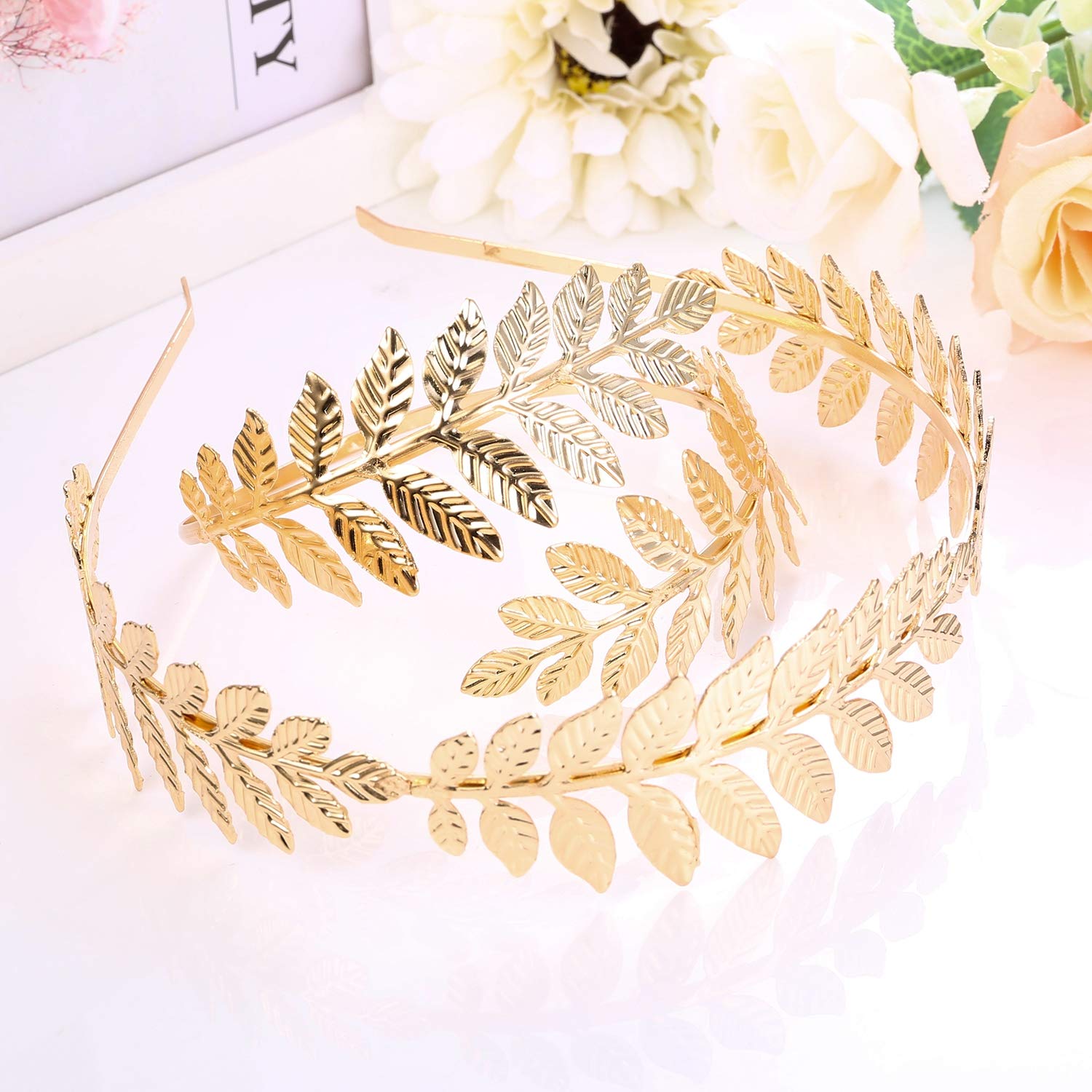 FINREZIO Greek Goddess Headband & Arm Cuff Set - Roman Laurel Leaf Crown & Adjustable Armlet Bracelet for Bridal, Wedding, Cosplay & Festival Costume Accessories