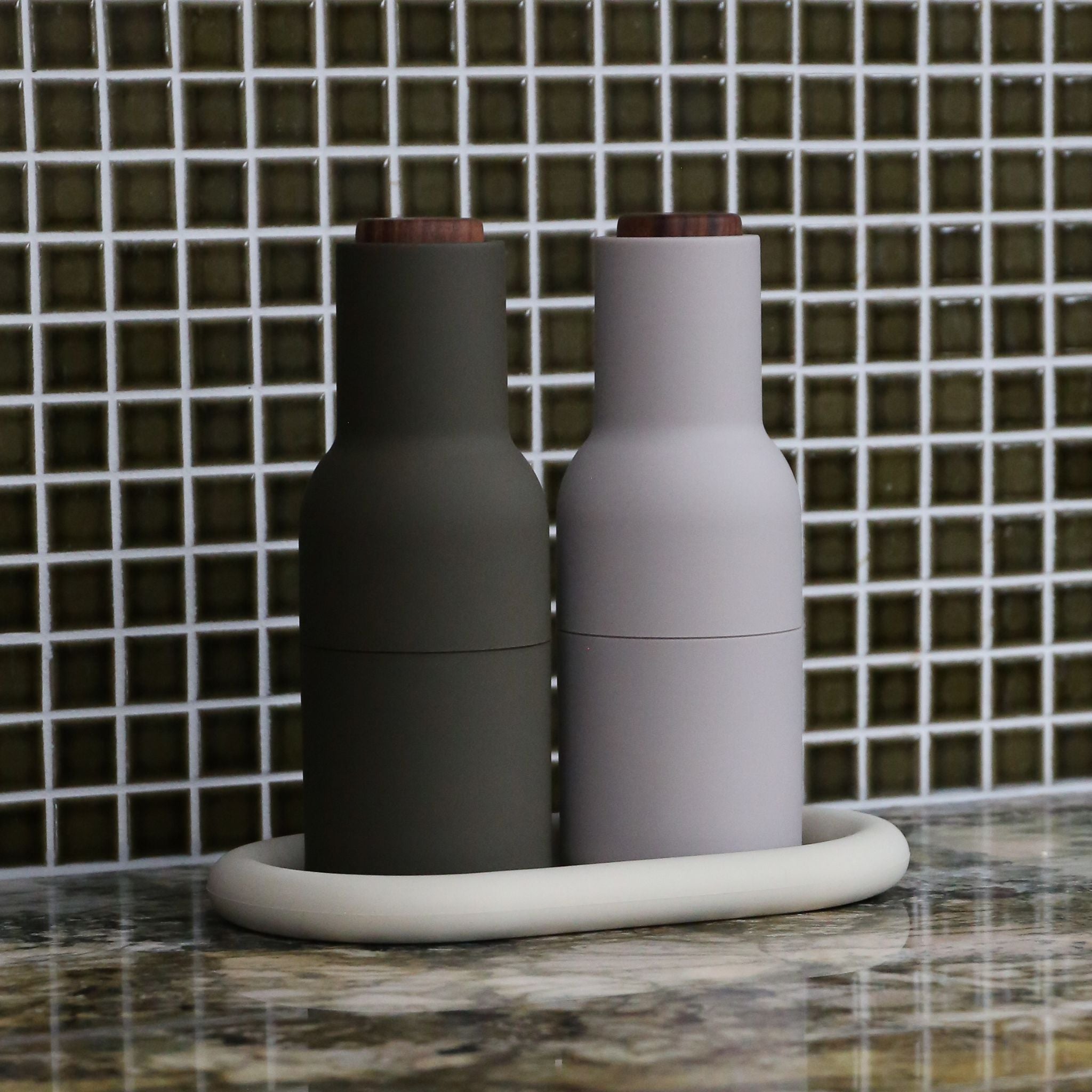 Premium Ceramic Salt and Pepper Grinder Set - Hunting Green/Beige with Walnut Wood Lid - Perfect for Kitchen, Dining Table & Outdoor Camping