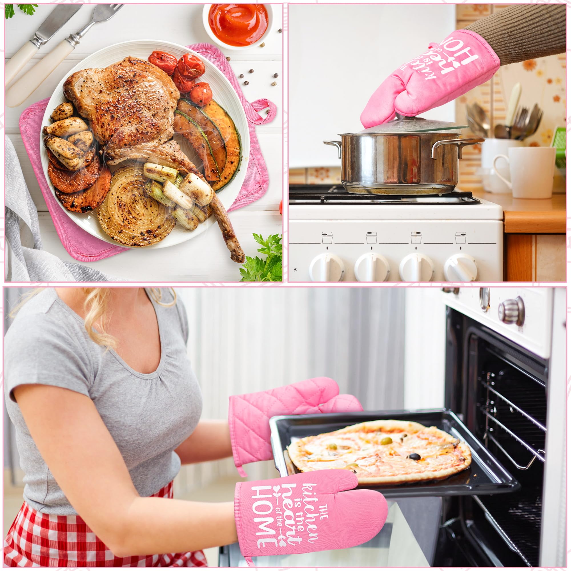 GROBRO7 6Pcs Funny Oven Mitts & Pot Holders - Heat Resistant Kitchen Gloves with Hanging Loop & Pocket - Machine Washable Hot Pads for Baking, Cooking, BBQ - Perfect Gift for Home Chefs (Pink)