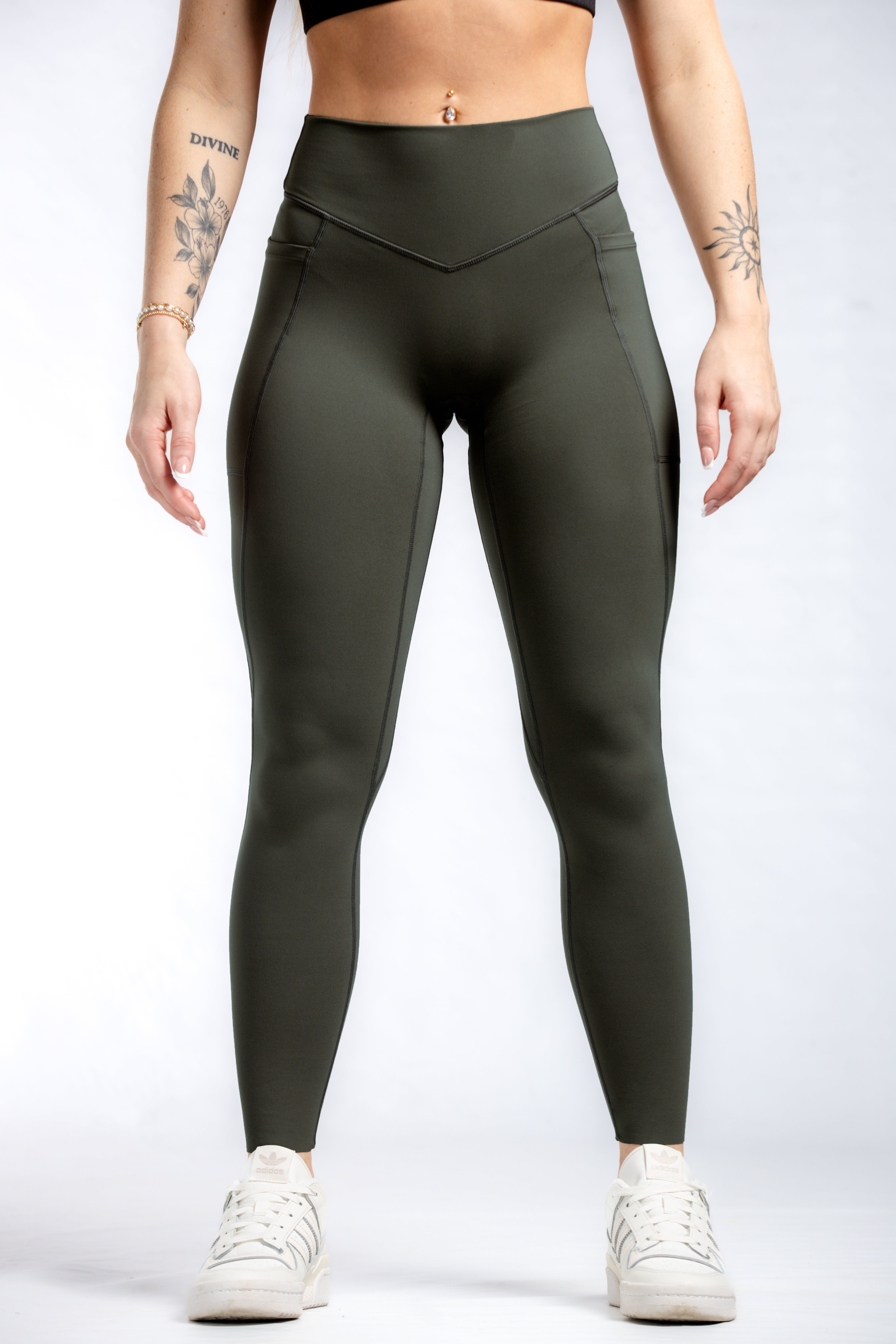 NKD Women's High-Waisted Leggings with Pockets - OD Green Tactical Yoga Pants for Workout, Running & Outdoor Activities