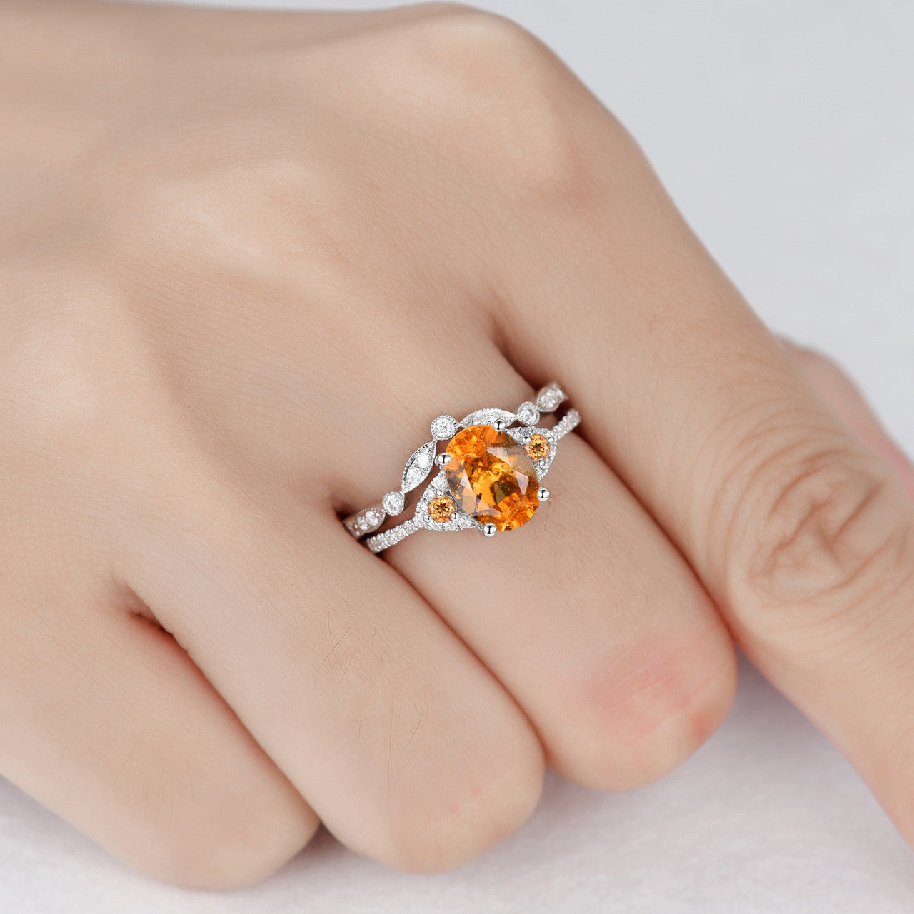 6x8mm Oval Cut Spessartite Garnet Bridal Set in Rose Gold with Diamond Accents - Orange Garnet Wedding Band for Engagement, Anniversary & Special Occasions