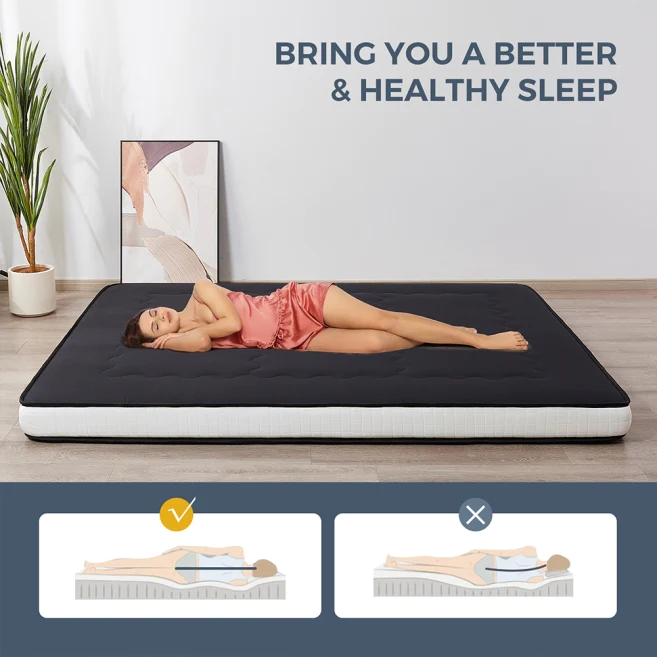 MAXYOYO Padded Japanese Floor Mattress - Black Foldable Roll Up Futon for Bedroom, Guest Room & Travel | Comfortable Floor Sleeping Mat for Adults & Kids