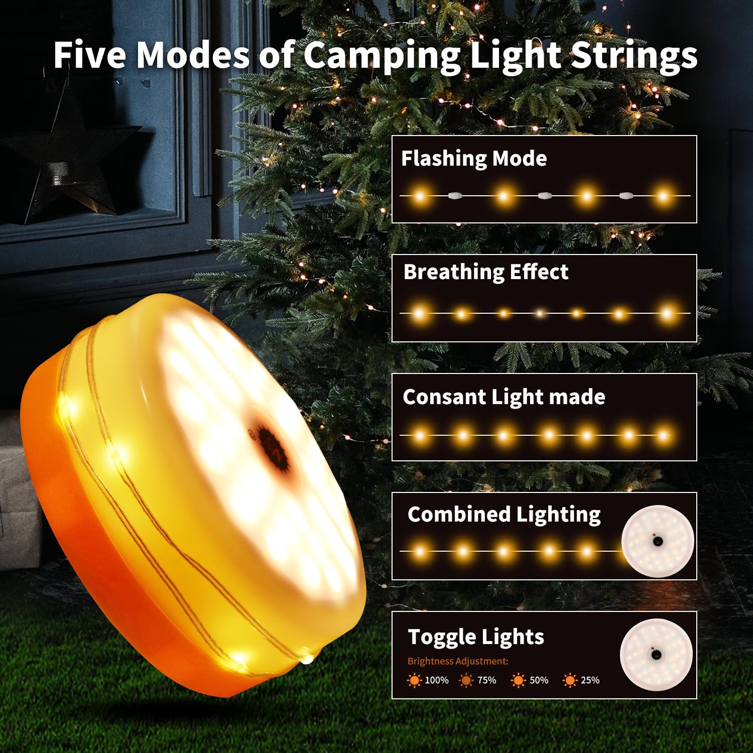 Waterproof Rechargeable Camping String Lights - 32.8Ft Outdoor USB LED Fairy Lights for Camping, Yard, Hiking, Patio & Backyard Decor (20s Quick Recovery, Durable Weatherproof Design) - Perfect for Outdoor Parties, Weddings and Nighttime Adventures