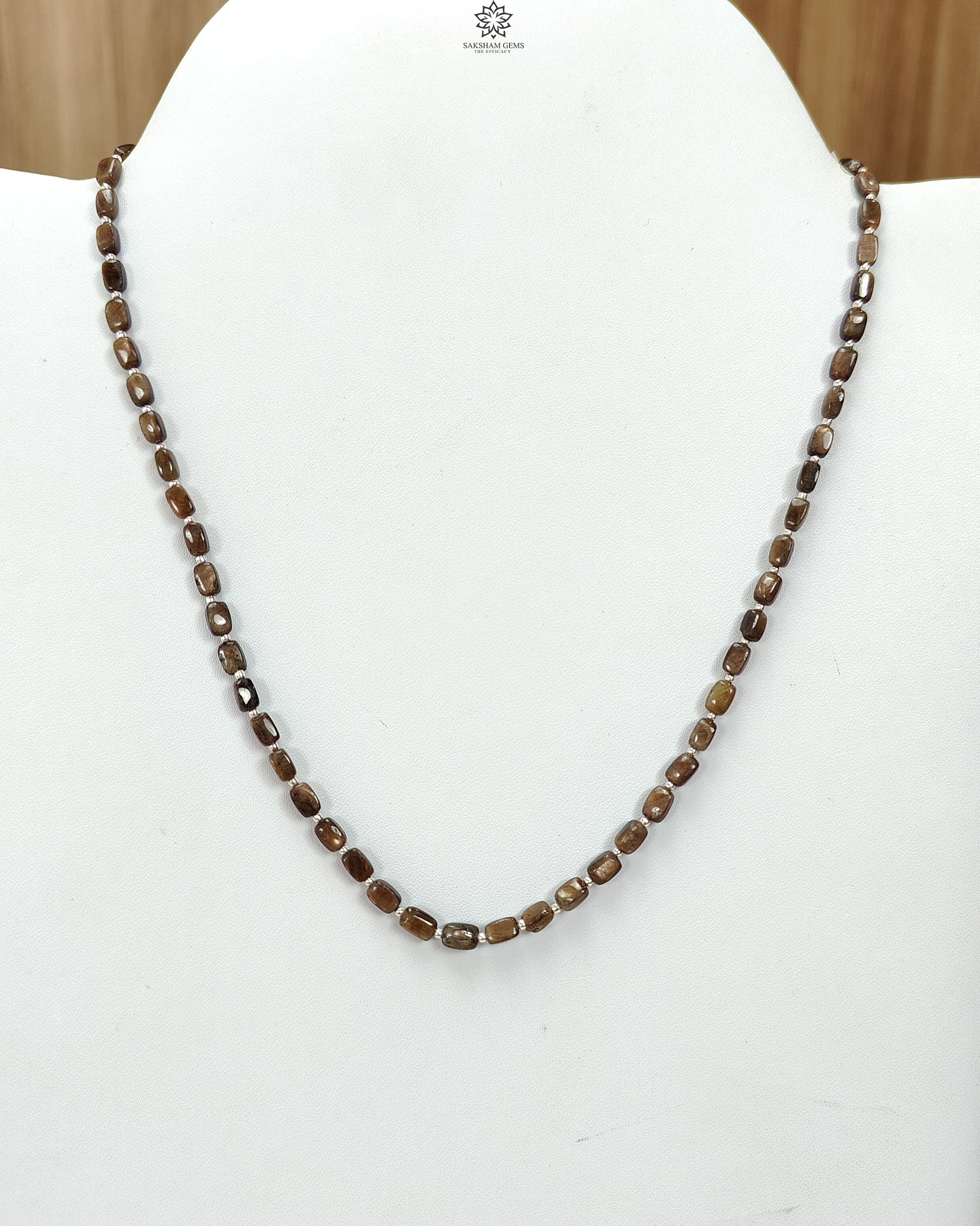 Golden Brown Chocolate Sapphire Gemstone Beads Necklace - 925 Sterling Silver with Natural Plain Cushion Sapphire (5x4mm & 6x5mm) - 18.31g Elegant Jewelry for Women, Perfect for Weddings, Parties & Special Occasions