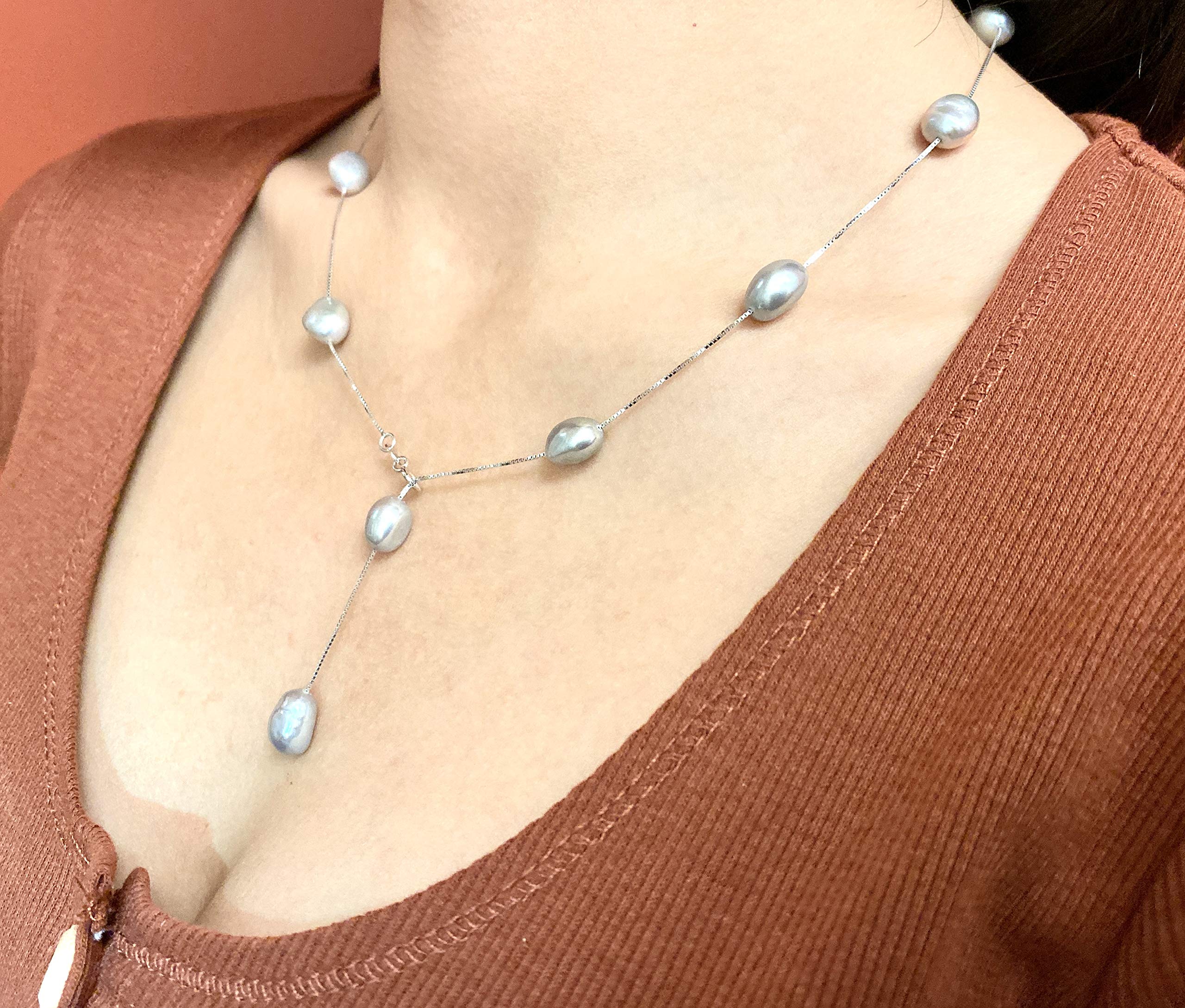 925 Sterling Silver Grey Pearl Y Necklace - Adjustable Length Y Choker for Women | Elegant Gray Pearl Jewelry for Wedding, Party & Special Occasions | Perfect Gift for Anniversary, Valentine's Day & Date Night