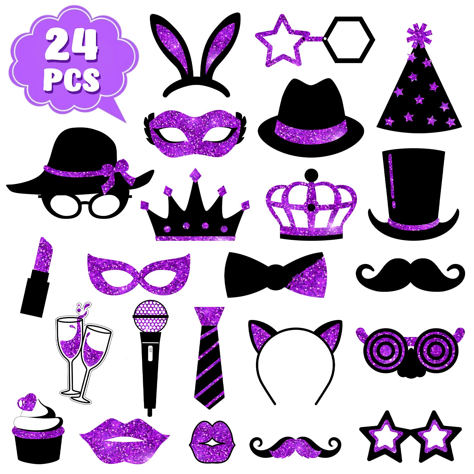 24-Piece Funny Photo Booth Props Set - Hats, Lipstick, Tie & Crowns for Birthday, Wedding, Graduation, Prom, Disco & Mardi Gras Parties (Black & Purple) - Perfect for Social Media, Events & Memorable Celebrations