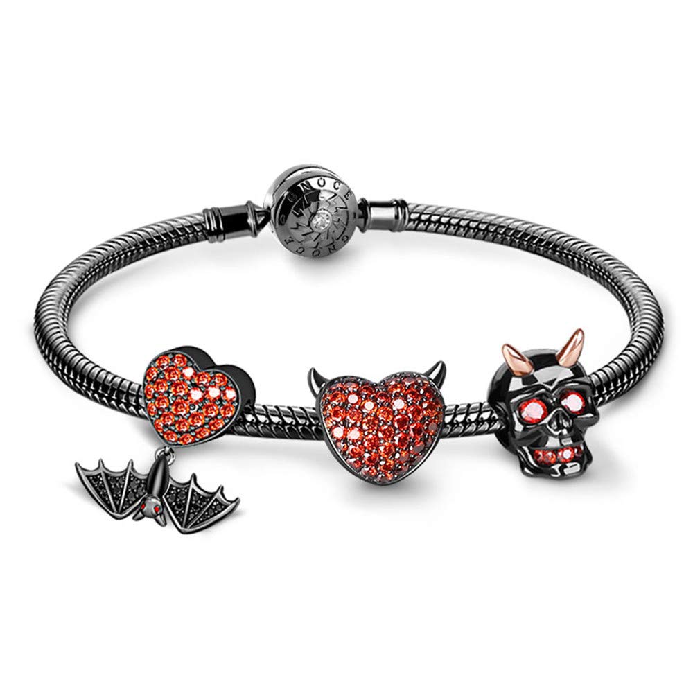 GNOCE 925 Sterling Silver Snake Chain Bracelet with Skull, Heart & Bat Charms - Unisex Gothic Jewelry for Women & Men - Perfect for Halloween, Punk Fashion & Everyday Wear