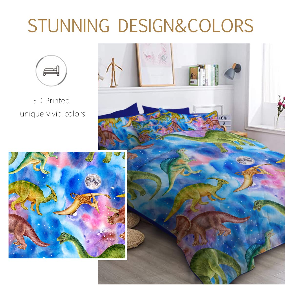 **BlessLiving Dinosaur Queen Bedding Set for Boys - Blue Space Themed 8-Piece Bed in a Bag with Comforter & Sheets (Queen Size) | Perfect for Kids' Bedrooms, Sleepovers & Themed Decor**