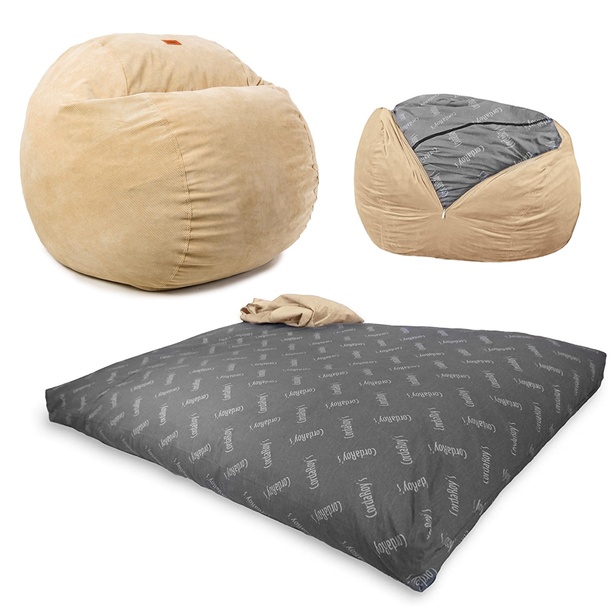 CordaRoy's Convertible Corduroy Bean Bag Chair - Queen Size Khaki | Folds from Bean Bag to Lounger | As Seen on Shark Tank | Perfect for Living Room, Bedroom & Game Room