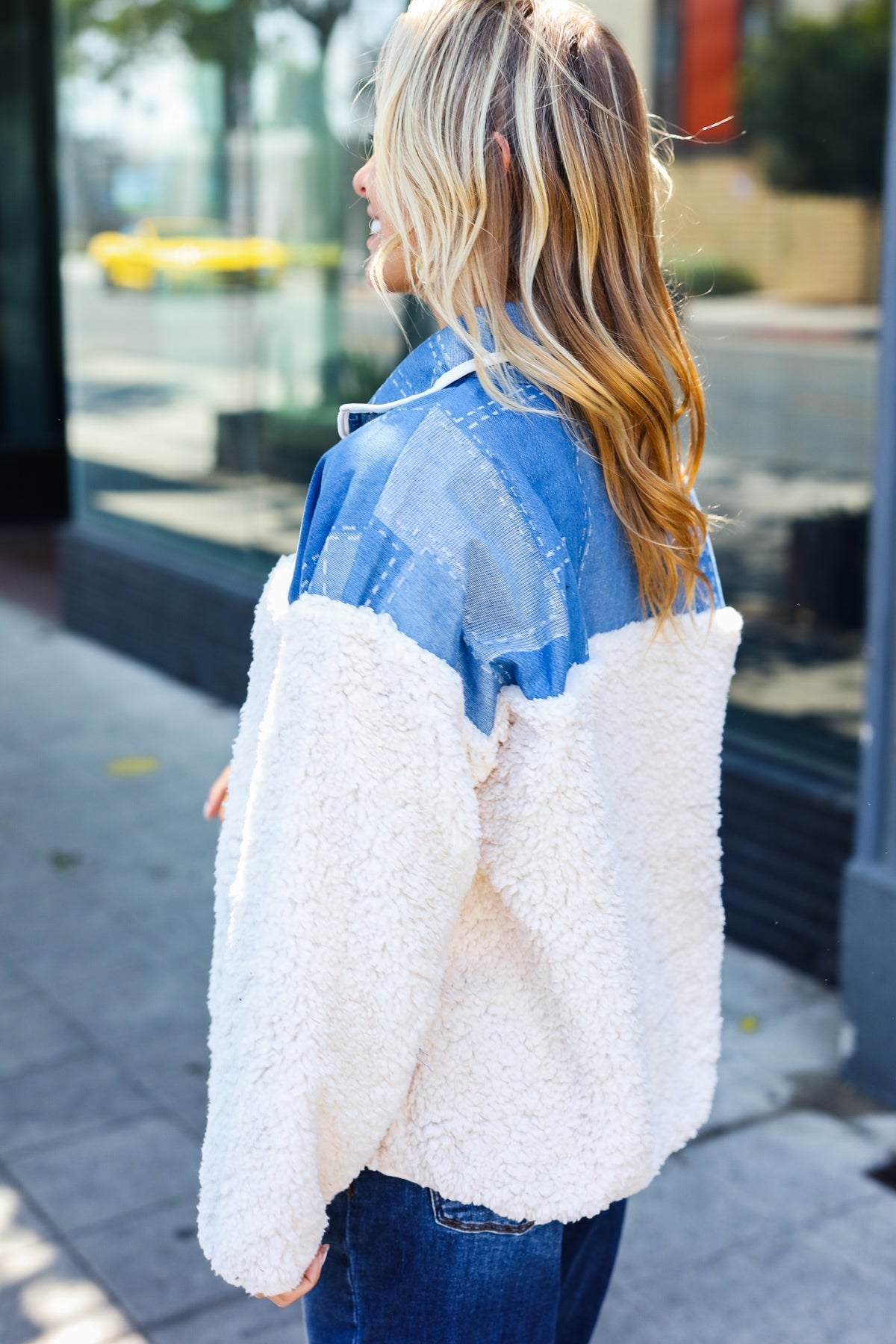 Stylish Good Vibes Denim & Ivory Patchwork Sherpa Half Zip Pullover for Women | Cozy Winter Fleece Jacket | Perfect for Casual Outings, Hiking & Outdoor Activities