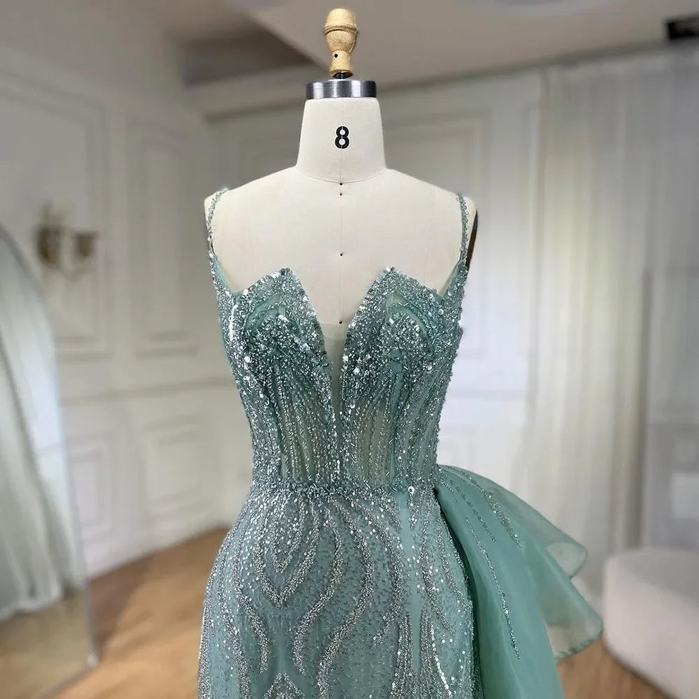 Elegant Sage Green Spaghetti Strap Mermaid Evening Dress with Detachable Overskirt LA72378 - Perfect for Prom, Wedding Guest & Formal Events