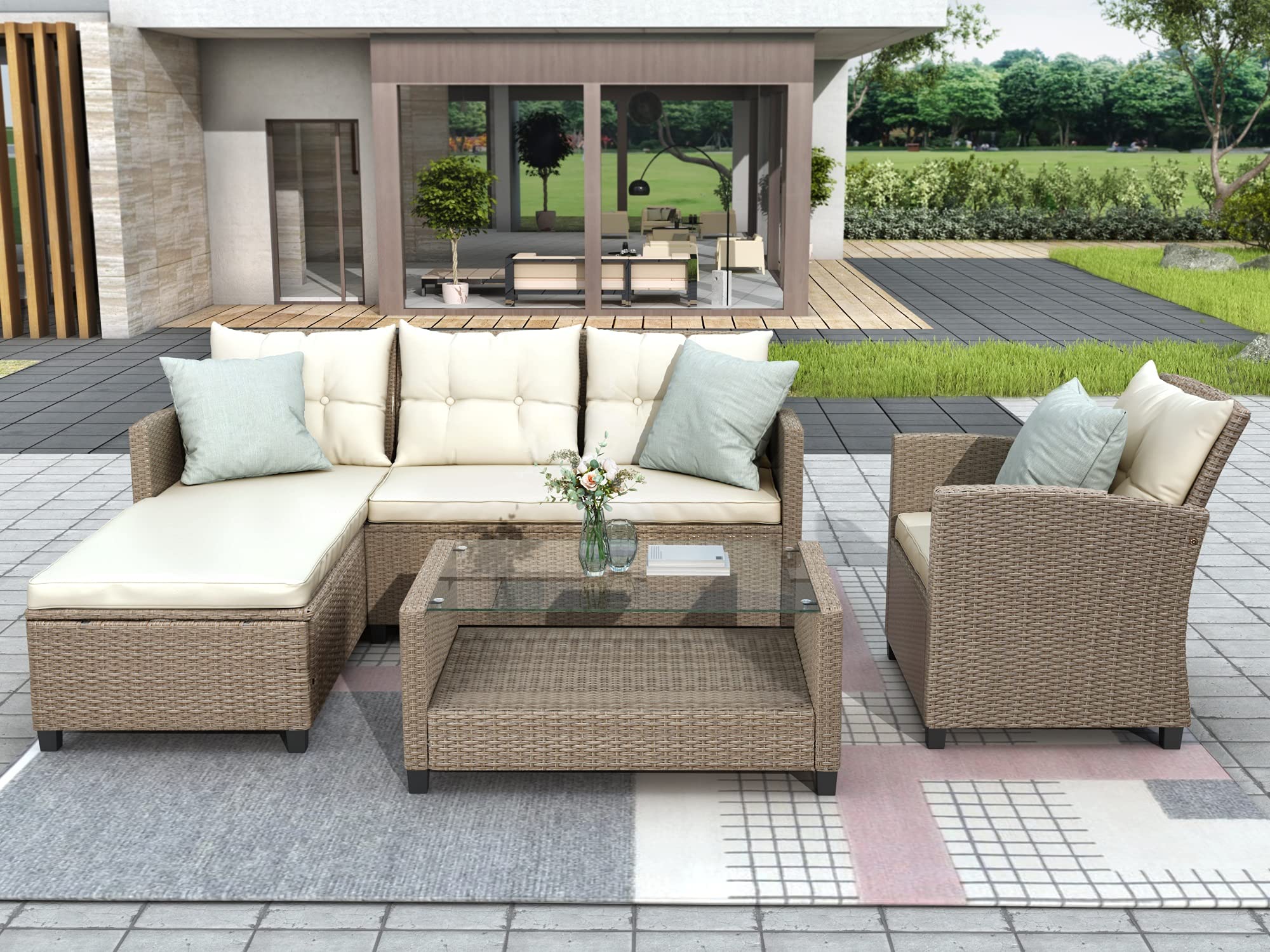 4-Piece Outdoor Patio Furniture Set - Wicker Rattan Sectional Sofa with Cushions (Beige Brown) - Perfect for Backyard, Garden, Poolside & Patio Relaxation