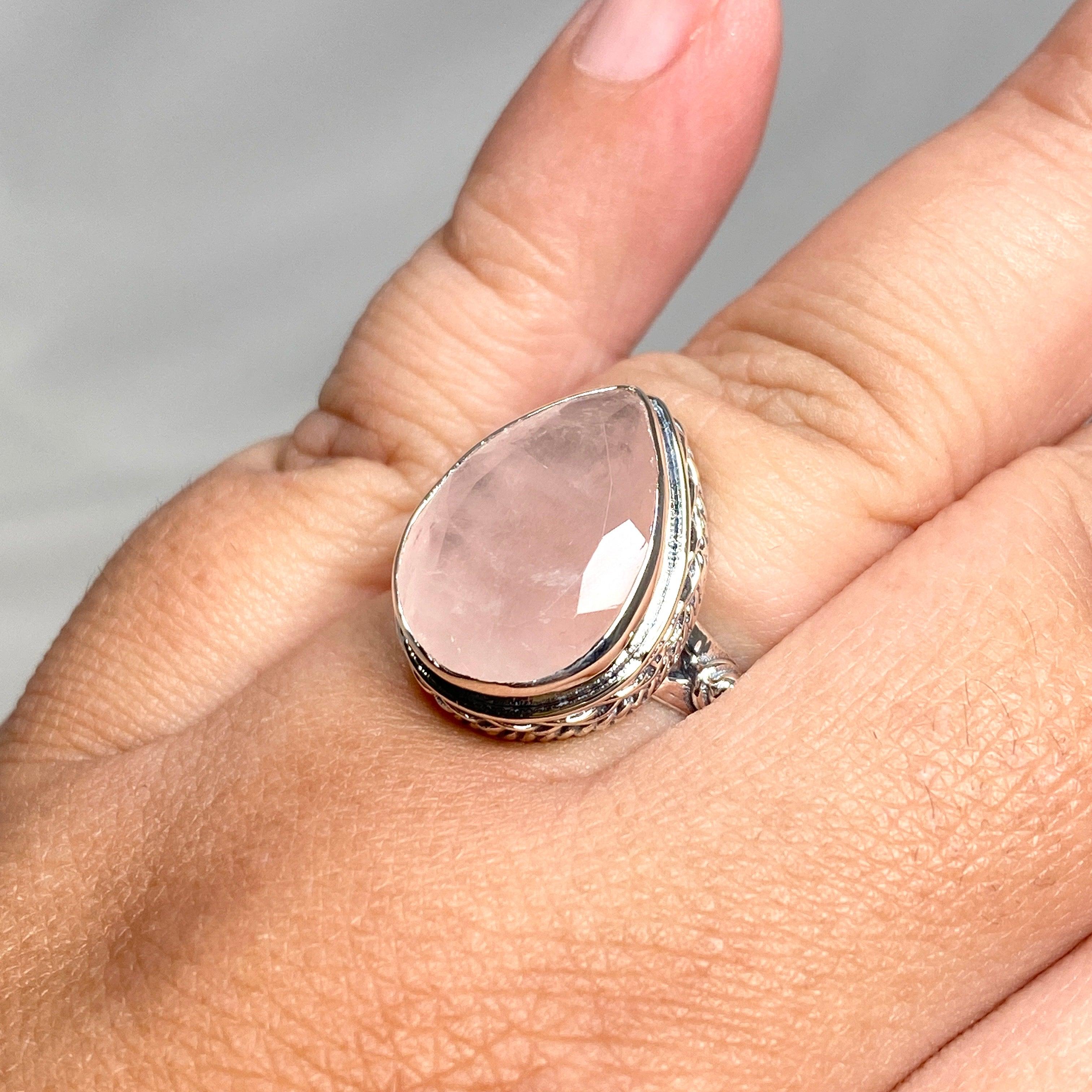 Rose Quartz Faceted Teardrop Ring in Sterling Silver - Elegant Jewelry for Women, Gift for Her, Valentine's Day Present, Wedding, Anniversary & Special Occasions
