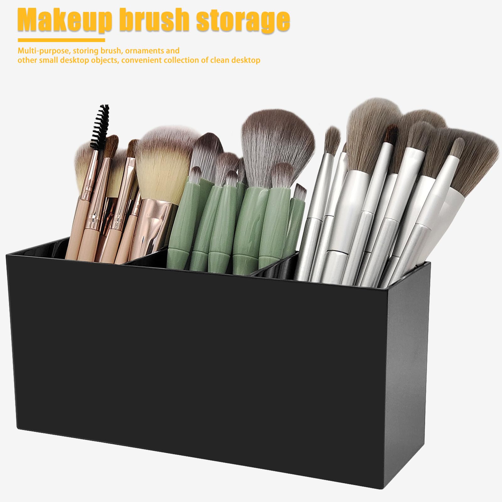 Black Acrylic Makeup Brush Organizer with 3 Slots - Cosmetic Brush Storage Holder & Desk Pencil Pen Organizer - Perfect for Vanity, Bathroom Counter, and Office Desk Accessories