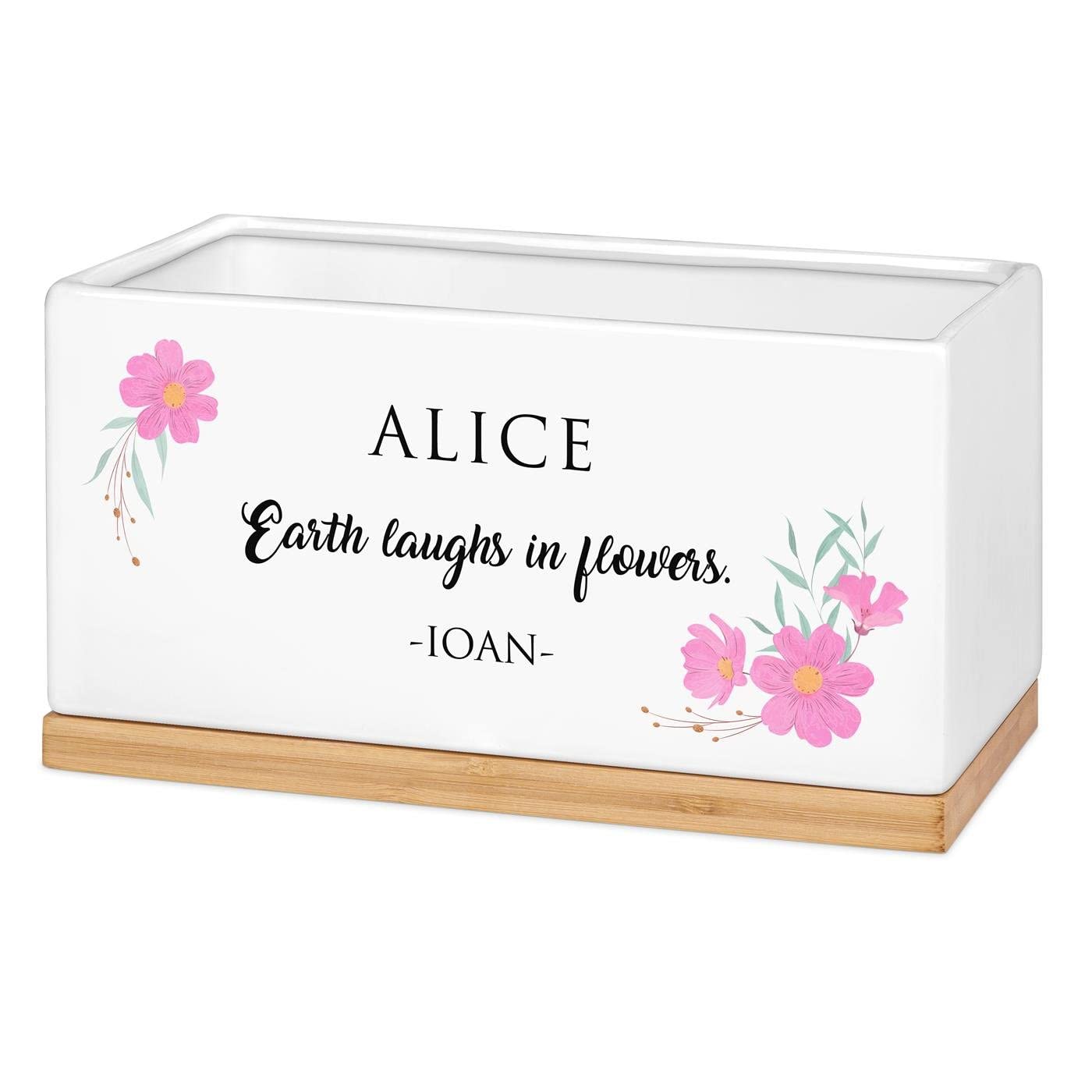 Maverton Ceramic Planter Pot with Bamboo Tray - Elegant Floral Overprint Flower Pot for Women - Customizable Jewelry Gift Box - Perfect for Houseplants, Succulents & Home Decor - Ideal Birthday Gift for Her, Mother's Day Present or Housewarming Gift