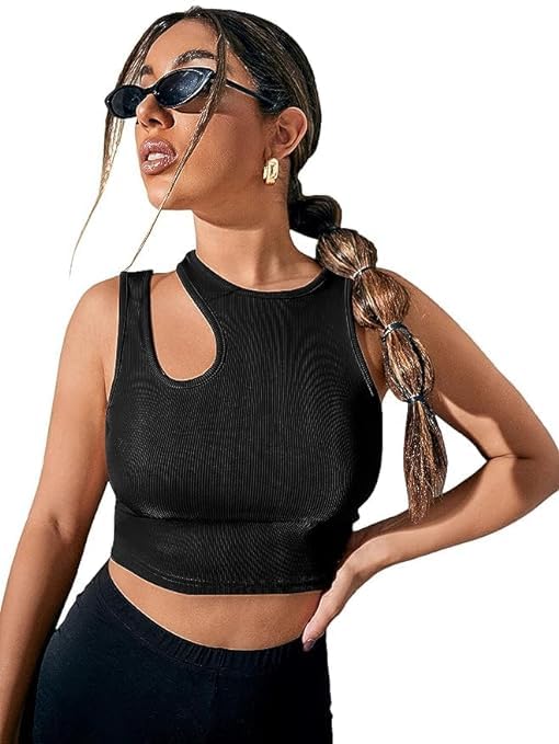 Women's & Girls' Asymmetrical Neck Cotton Rib Cut-Out Crop Top - Sleeveless Solid Color Trendy Lycra Blend Shirt | Perfect for Summer Outfits, Beach Wear & Casual Fashion