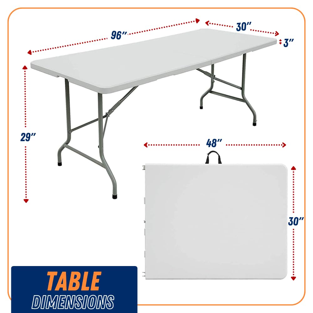 8FT Heavy Duty Folding Table - Indoor Outdoor Portable Plastic Picnic Table with Handle & Lock - White (4ft 6ft 8ft Sizes) for Parties, Camping, BBQ, Tailgating & Home Dining