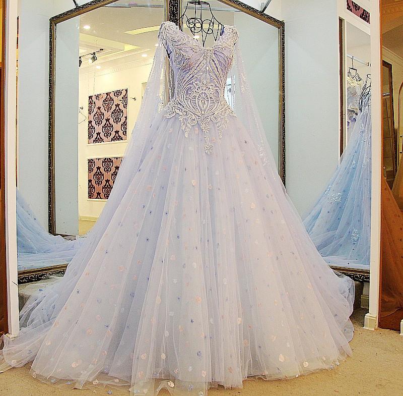 Elegant A-Line V-Neck Lace Crystal Beaded Wedding Dress in White & Light Blue - Floor Length Gown for Bridal, Formal Events & Special Occasions