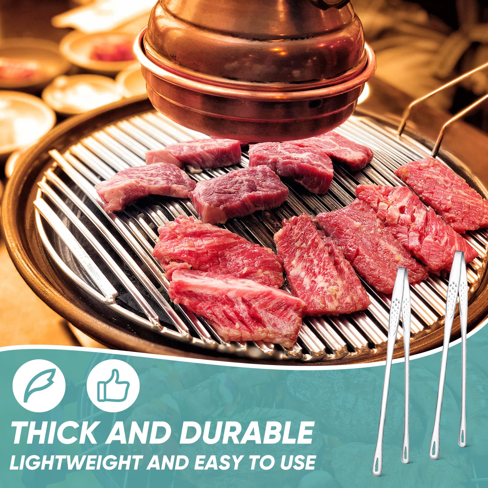 6-Piece 11-Inch Stainless Steel BBQ Grill Tongs Set - Korean & Japanese Style Cooking Tongs for Grilling, Steak, Salad, Outdoor Picnics & Home Kitchen Use