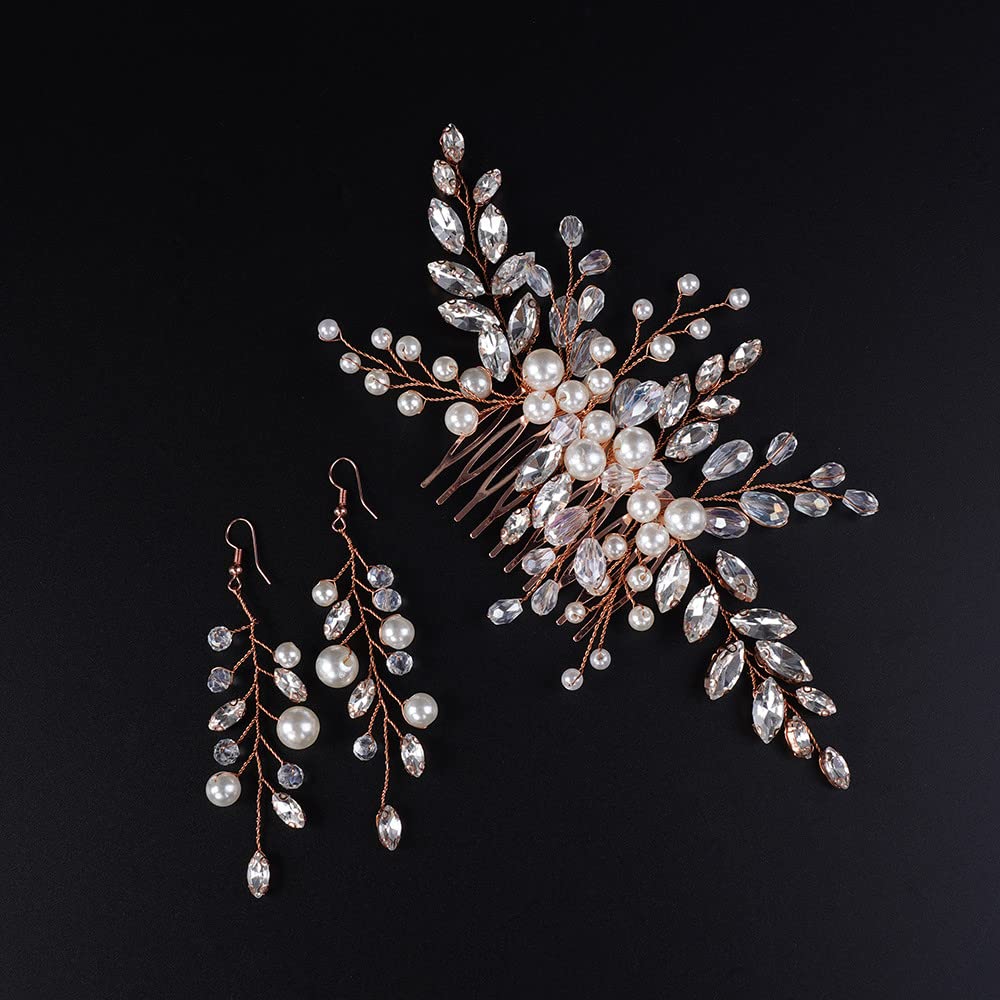 Jumwrit Rose Gold Bridal Hair Comb & Pearl Dangle Earrings Set - Rhinestone Wedding Hair Accessories for Brides, Women & Girls | Handmade for Weddings, Prom & Special Occasions