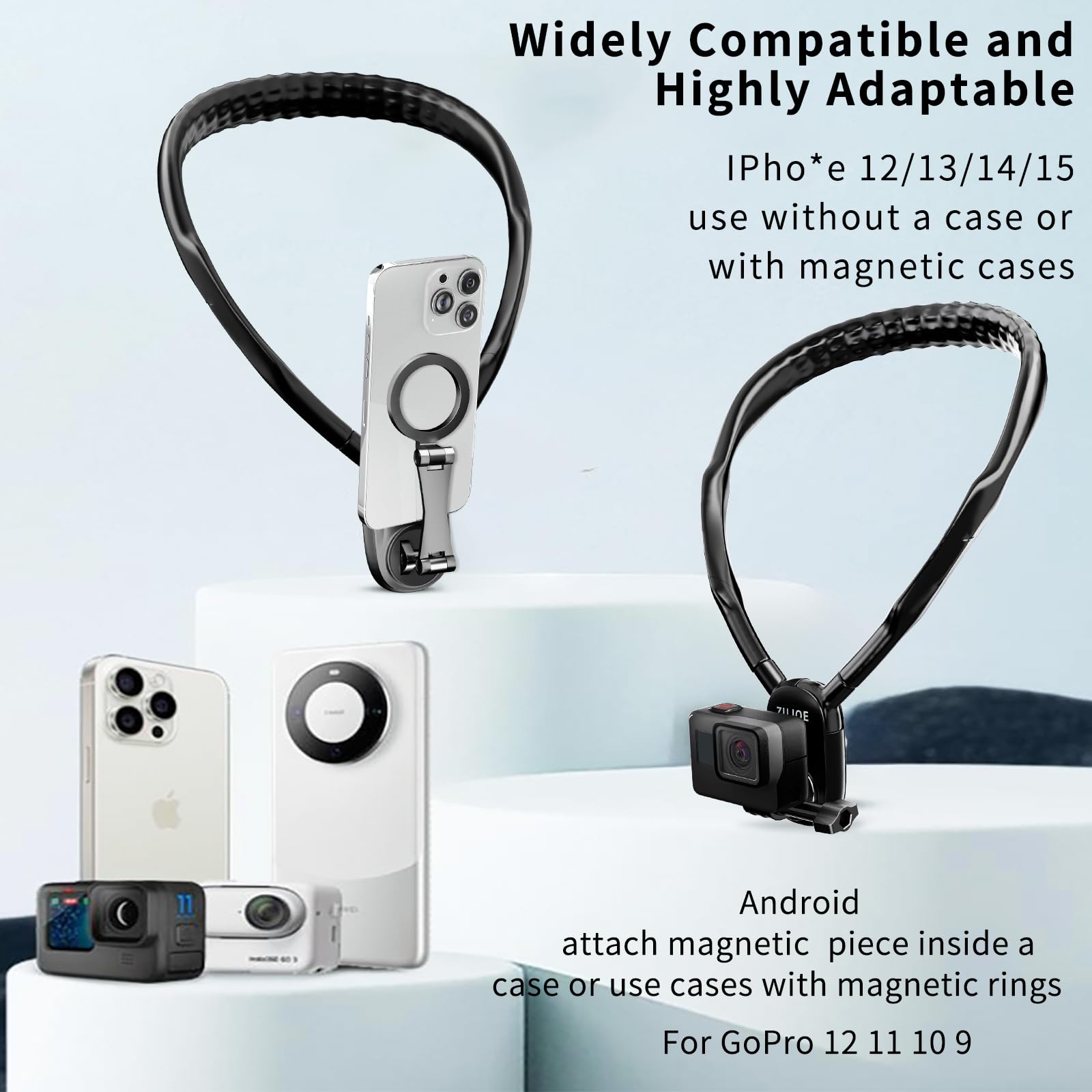 Magnetic Phone Neck Mount Holder for iPhone 15 14 13 12 Series - 2 in 1 Hands-Free POV/Vlog Accessory (Black) | Perfect for Travel, Gym Workouts & Content Creation