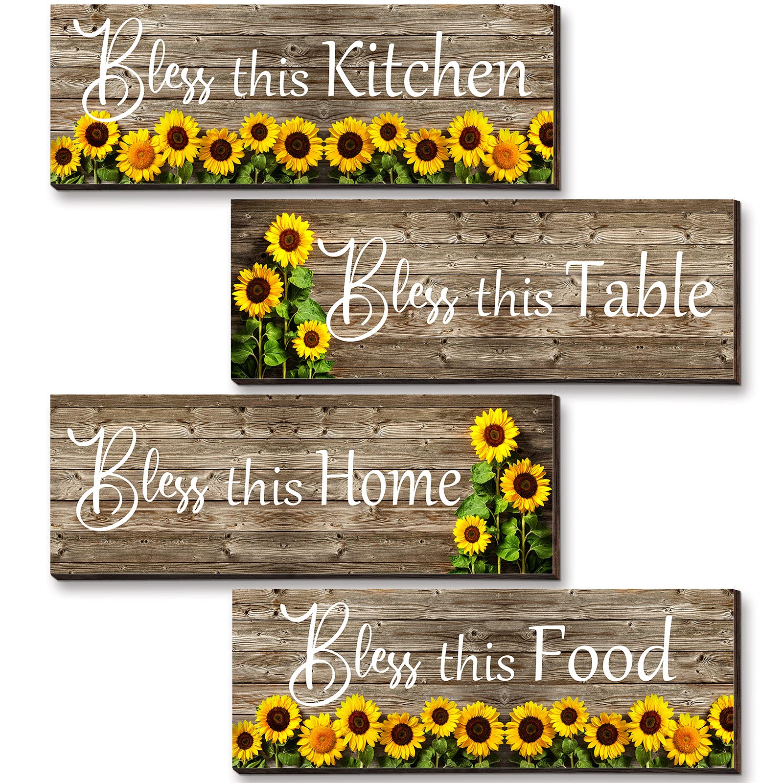 4-Piece Sunflower Wall Art Set - Rustic Wooden Kitchen Decor with Vintage Floral Design - Perfect for Bedroom, Living Room, Bar & Home Decoration | Farmhouse Style Wall Hanging for Dining Room & Cafe