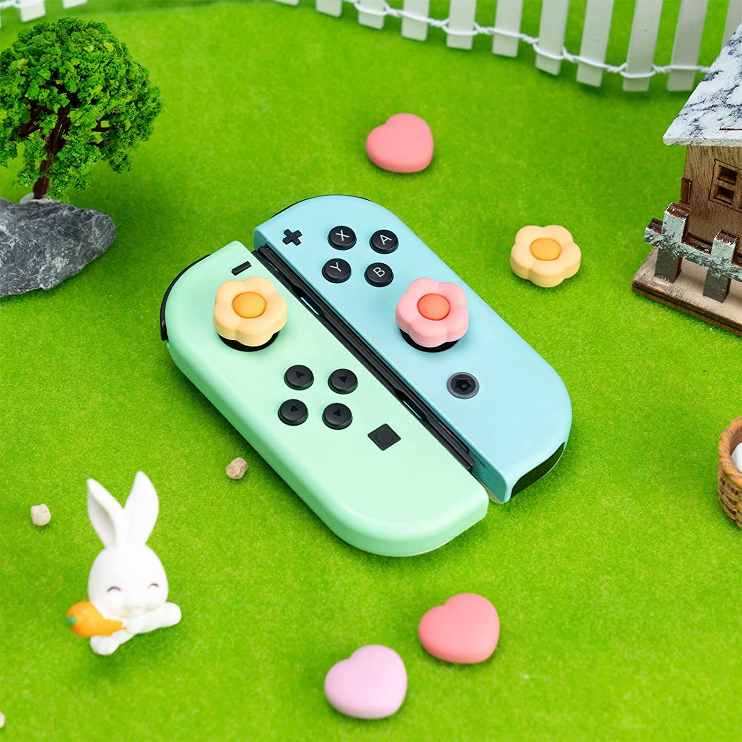 GeekShare Mignon Silicone Joycon Thumb Grip Caps - 4PCS Cute Heart & Flower Joystick Cover for Nintendo Switch/OLED/Switch Lite - Soft Anti-Slip Controller Accessories for Gaming Comfort and Protection