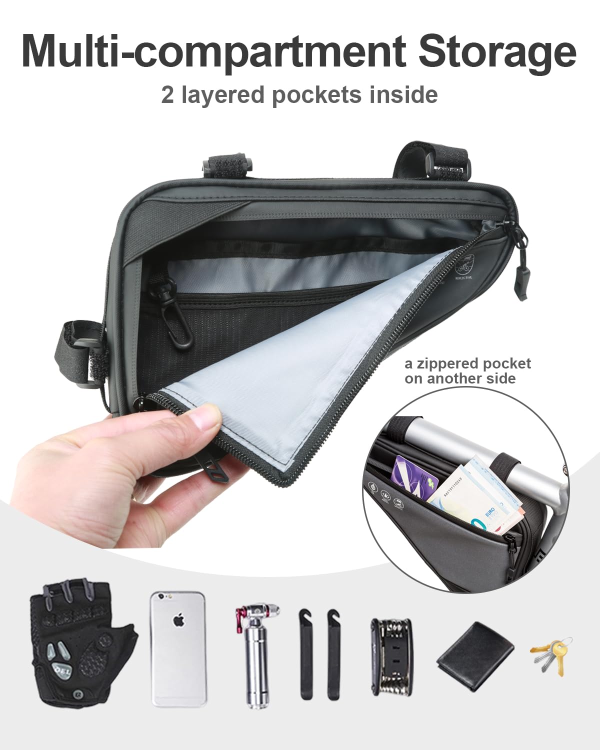 Reflective Waterproof Bike Frame Bag - Triangle Bicycle Storage Pouch for Phone, Wallet, Keys & Tools - Durable Cycling Accessories for Mountain, Road & Commuter Bikes - Perfect for Daily Commutes, Long Rides & Outdoor Adventures