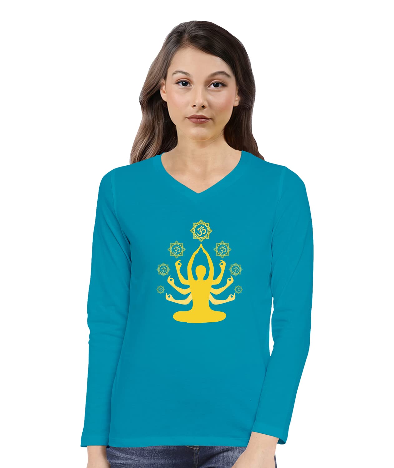 Pooplu Women's 100% Cotton V-Neck Graphic Printed Yoga T-Shirt - Regular Fit, Full Sleeves, Multicolor for Exercise, Gym, Fitness & Yoga | Perfect for Workouts, Lounge Wear & Casual Outfits