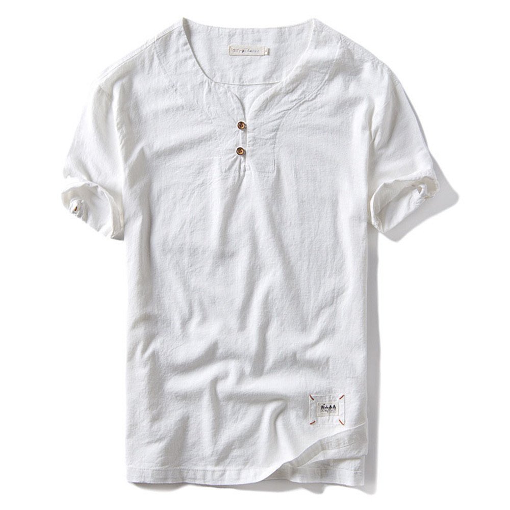 Breathable Men's Casual Linen Cotton Short Sleeve Shirt - Traditional Chinese Style White Tag - Perfect for Summer Wear, Travel & Cultural Events