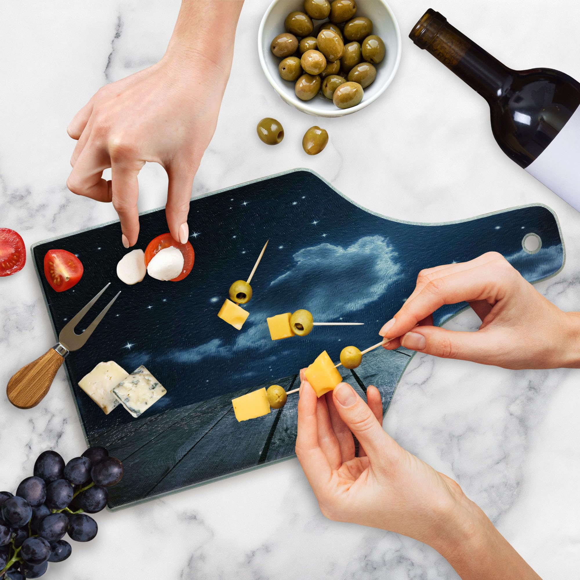 Ambesonne Dark Blue Wooden Cutting Board - Celestial Night Sky with Stars, Clouds & Crescent Moon - Decorative Tempered Glass Serving Board (Wine Bottle Shape) - Perfect for Cheese Platters, Charcuterie & Wine Pairings - Dark Blue & White Kitchen Decor