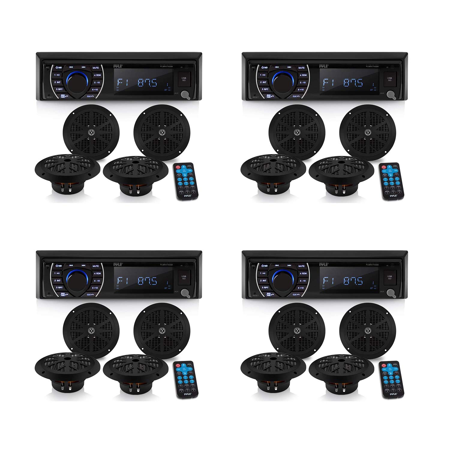 Pyle 6.5 Inch Waterproof Bluetooth Marine Stereo System with Speakers - Wireless Streaming, USB Port, AM/FM Radio, Hands-Free Calling & Remote Control (4 Pack, Black) - Perfect for Boats, Yachts, and Outdoor Marine Entertainment