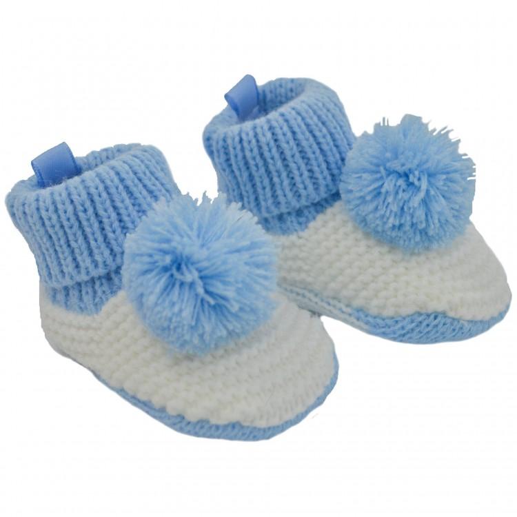Blue & White Knitted Pom Pom Booties - Soft Baby Booties for Newborns & Infants - Perfect for Winter, Photo Shoots & Gifts