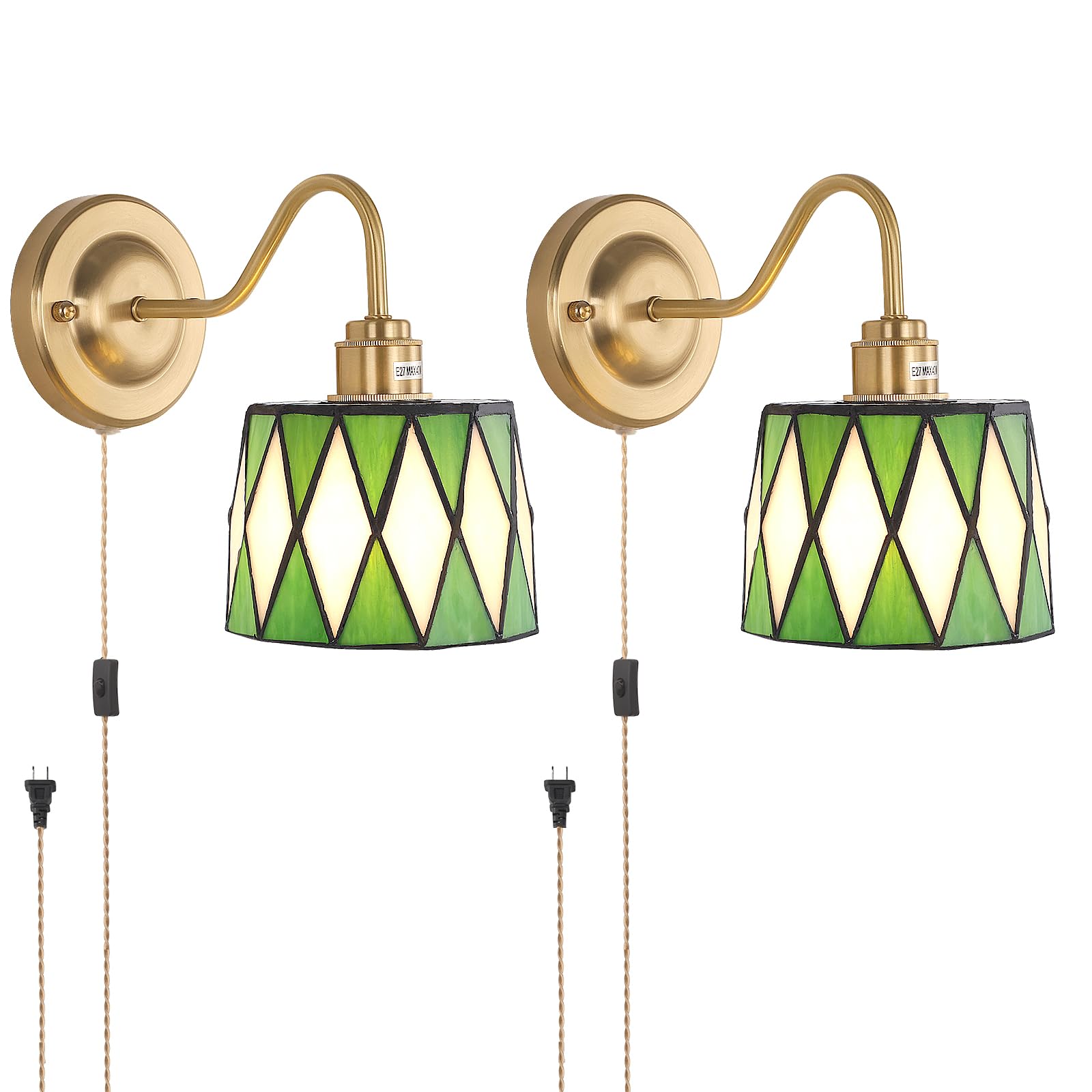 Vintage Plug-in Wall Sconces Set of 2 - Green Checker Stained Glass Shade Gold Light Fixtures for Bedroom, Bathroom, Living Room & Hallway | Perfect for Cozy Ambiance and Decorative Lighting
