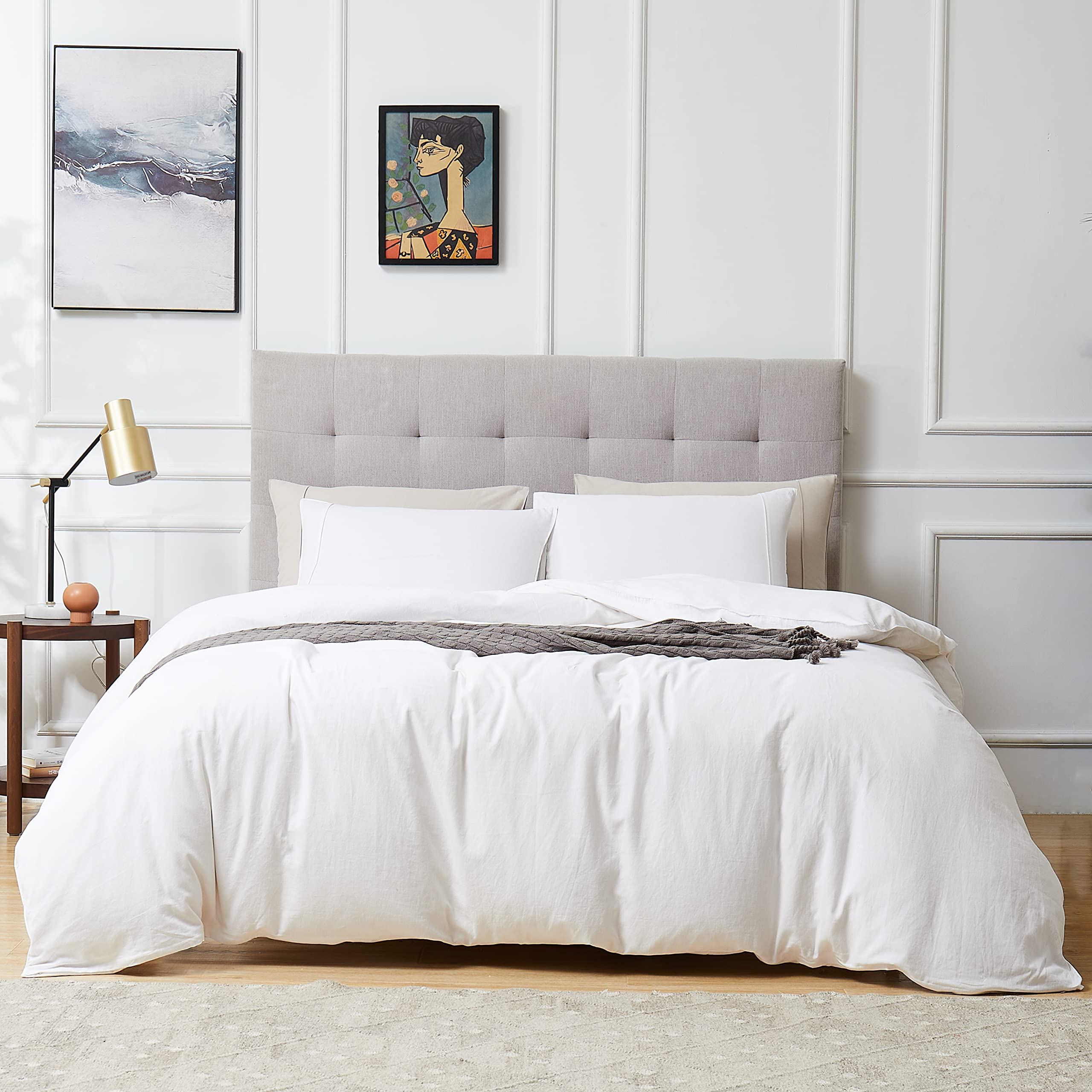 Premium French Linen Cotton Duvet Cover Queen Size - 55% Linen 45% Long-Staple Cotton Bedding Set with Button Closure (1 Duvet Cover + 2 Pillow Shams) - Breathable & Luxurious for All-Season Comfort - Perfect for Master Bedroom, Guest Room & Vacation Homes (Off-White)