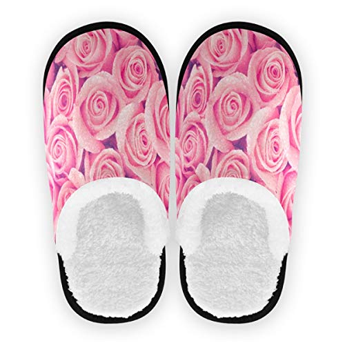 ALAZA Pink Rose Non-Slip Cotton Slippers for Women & Men - Soft Indoor House Shoes for Home, Hotel, Spa, Bedroom and Travel Comfort
