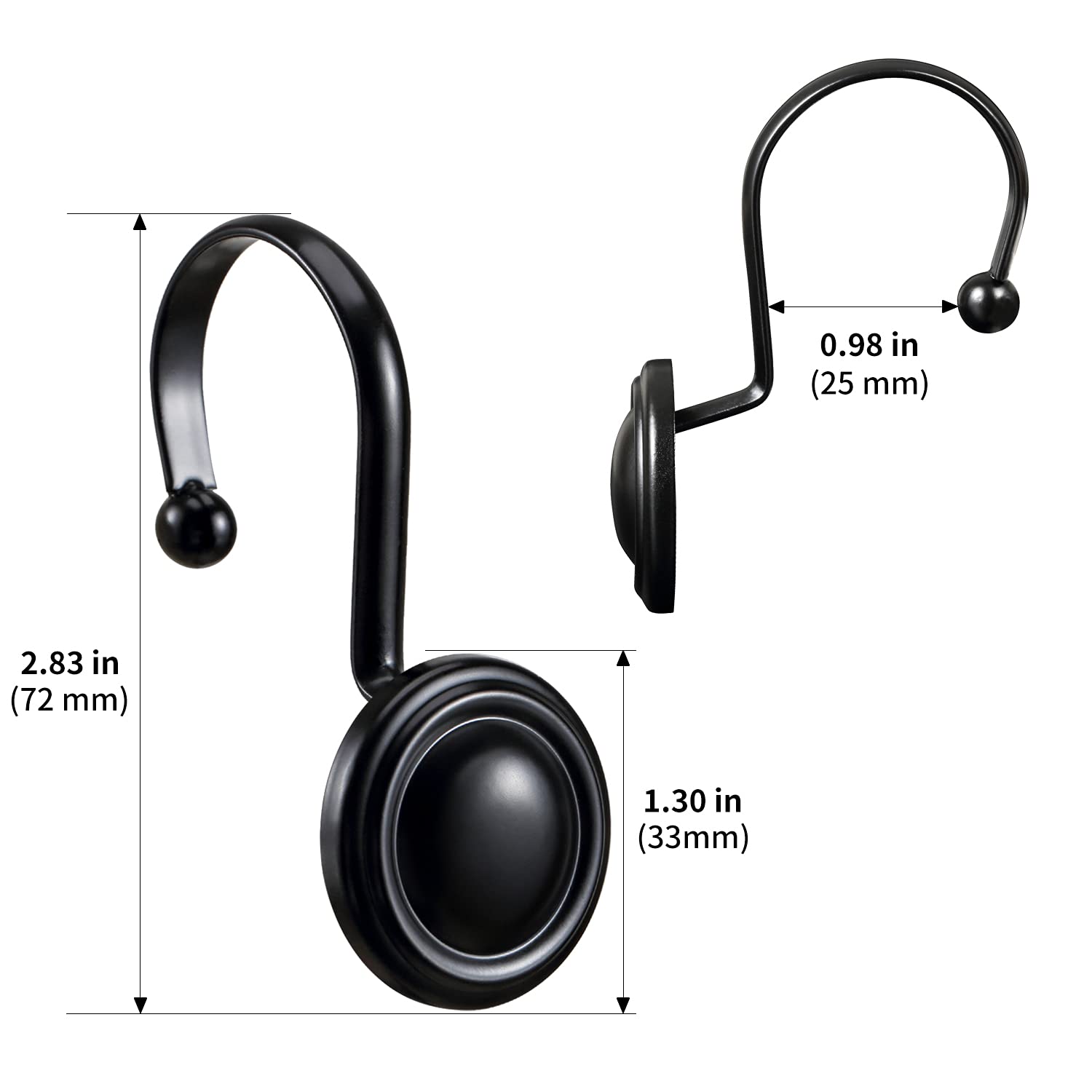 CHICTIE Black Shower Curtain Hooks Rings - Set of 12 Rust-Resistant Metal Shower Hangers for Bathroom Rods | Decorative & Durable Shower Hook Set for Stylish Bathroom Decor | Perfect for Bathroom, Hotel, and Spa Renovations