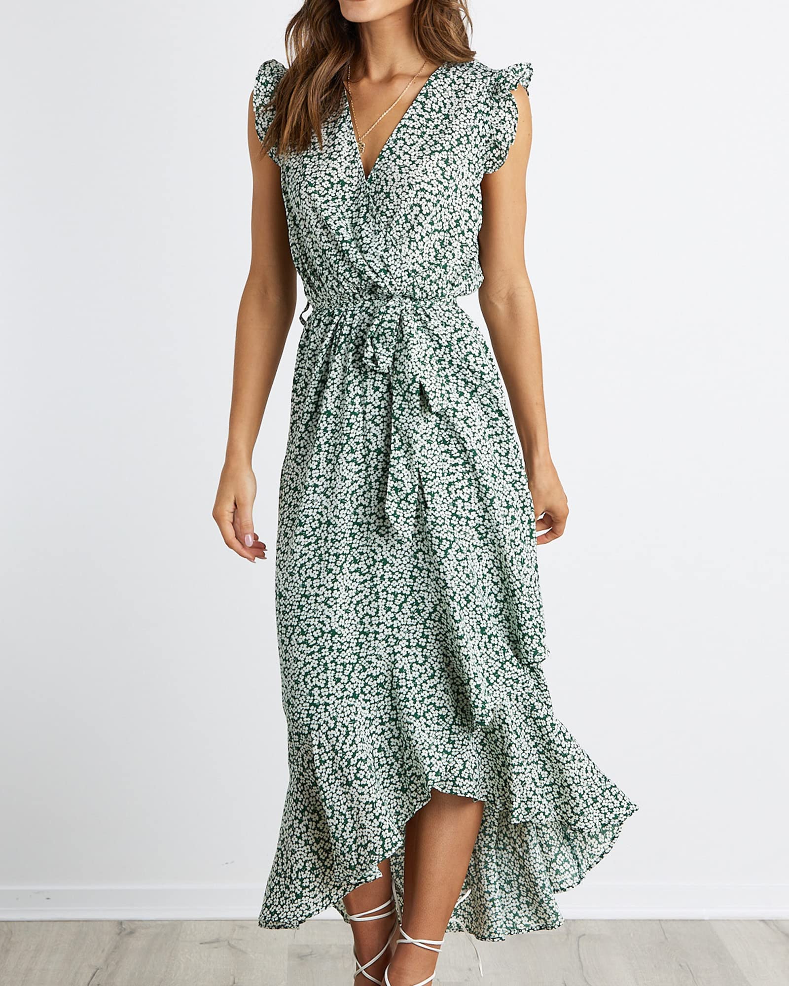 BTFBM Women's Floral Maxi Dress with Ruffle Sleeves & V-Neck - Summer Beach Wedding Guest Dress, Spring Vacation Outfit, Wrap Belt Design for Casual & Special Occasions